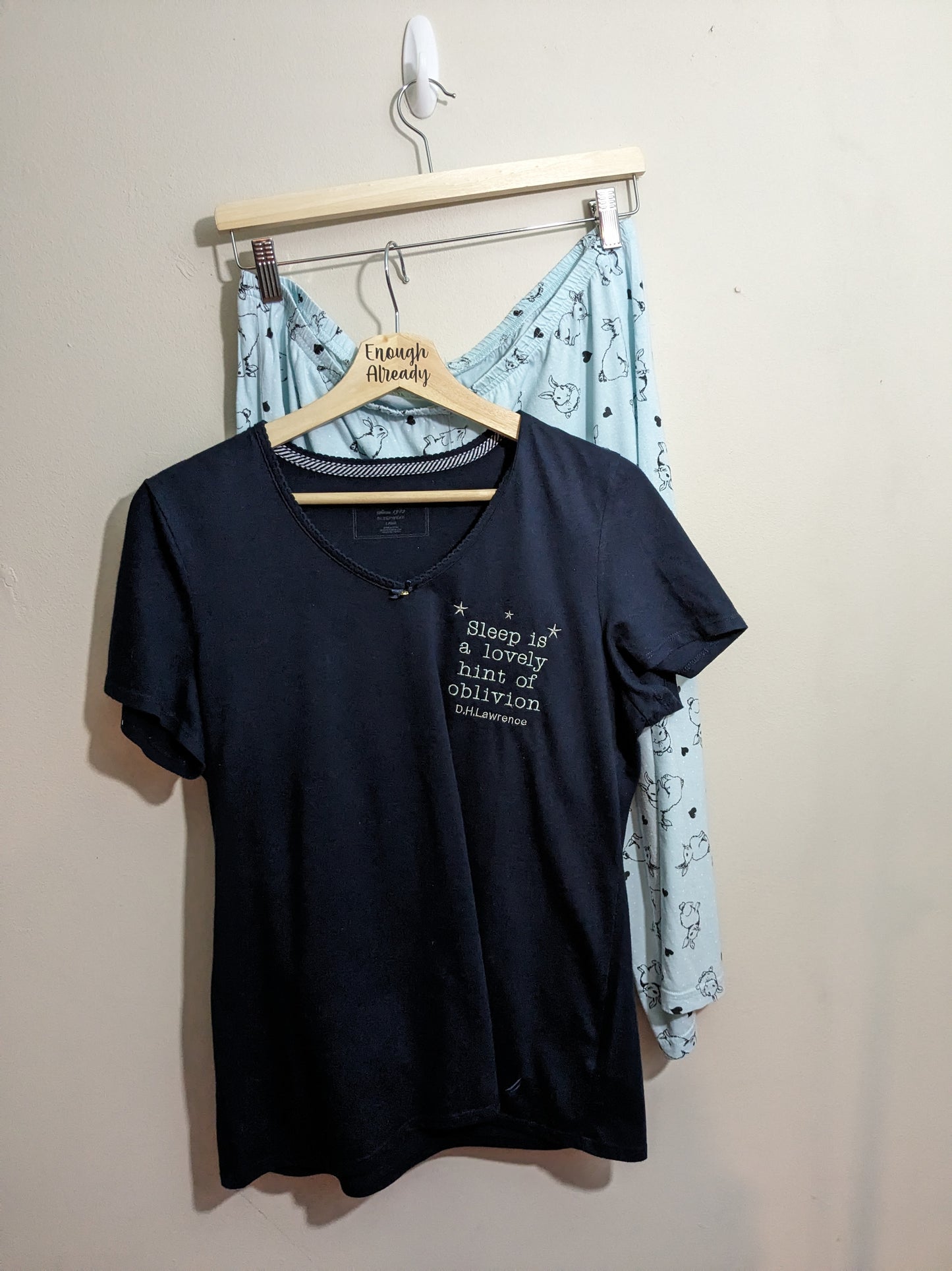 Size 16-18 Navy Blue Up-Cycled Pyjama Set - Embroidered D. H. Lawrence Literary Quote