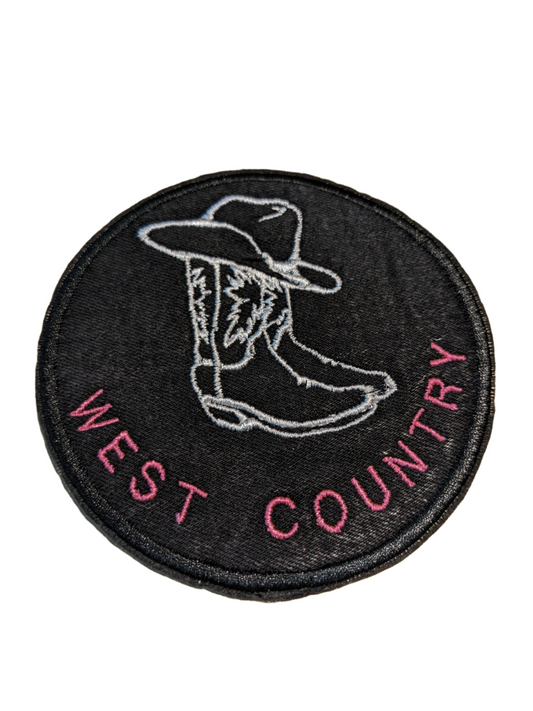 West Country - Western Inspired Recycled Black Denim Sew On Patch - Embroidered Cowboy Boots and Hat