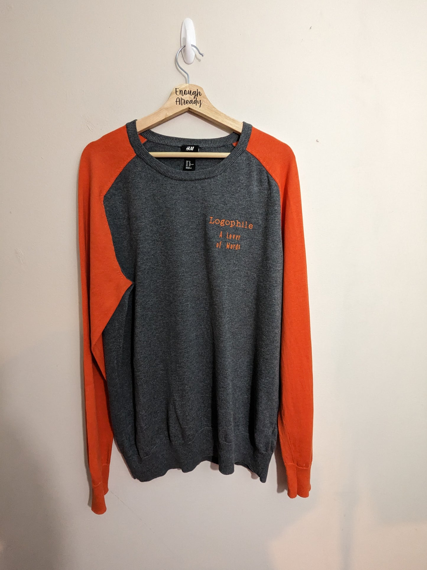 XL Grey and Orange Knitted Jumper - Embroidered Logophile Bookish Dictionary Definition