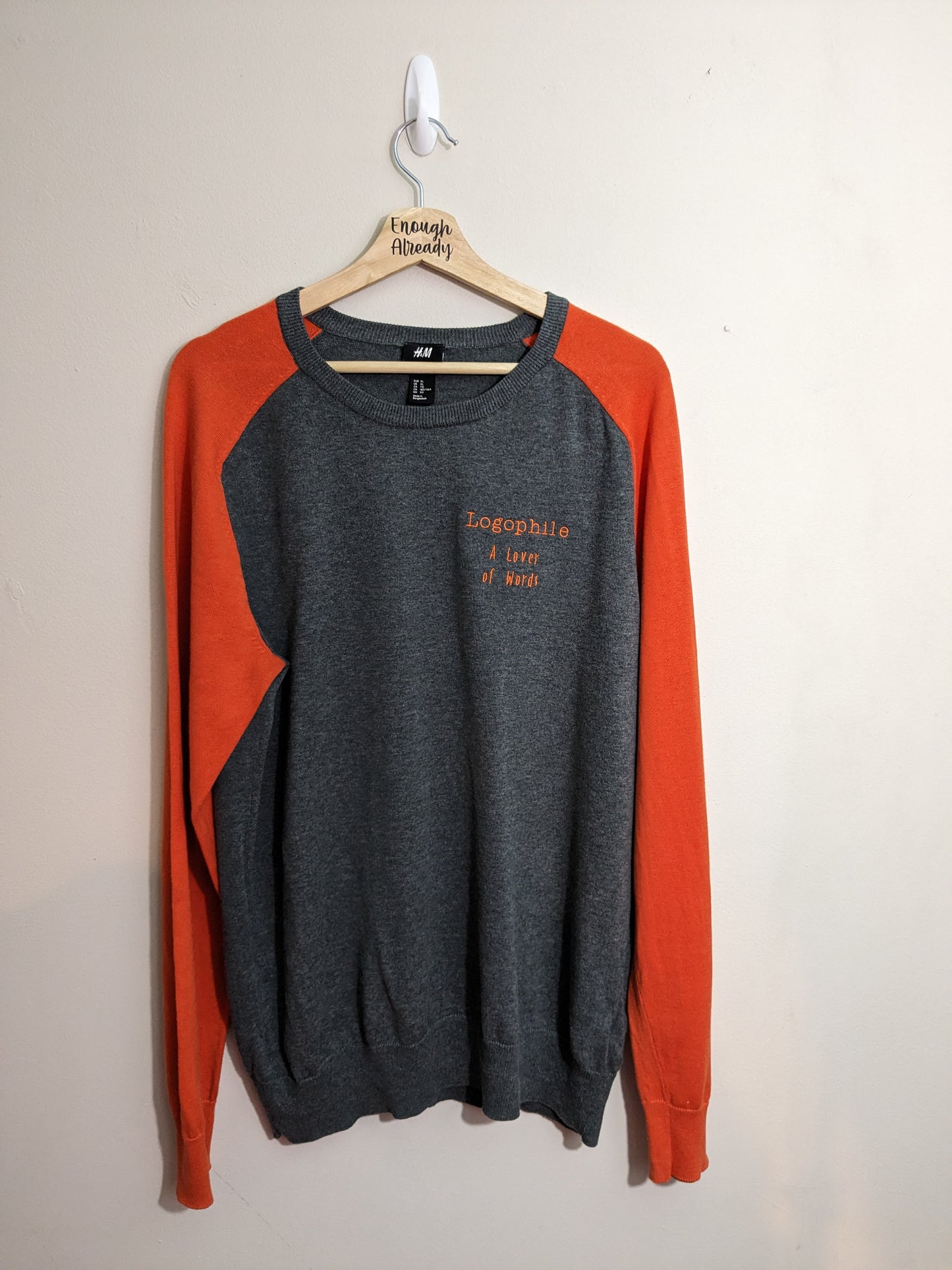 XL Grey and Orange Knitted Jumper - Embroidered Logophile Bookish Dictionary Definition