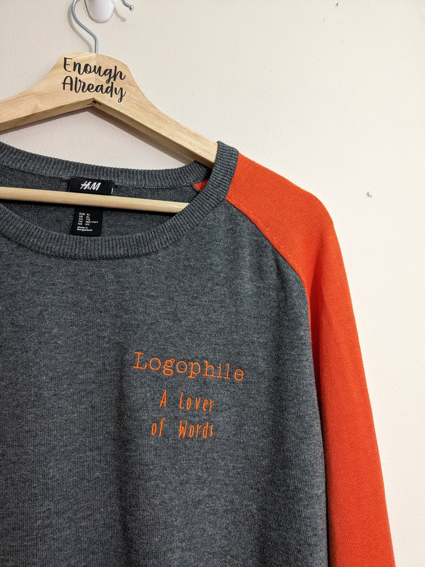 XL Grey and Orange Knitted Jumper - Embroidered Logophile Bookish Dictionary Definition