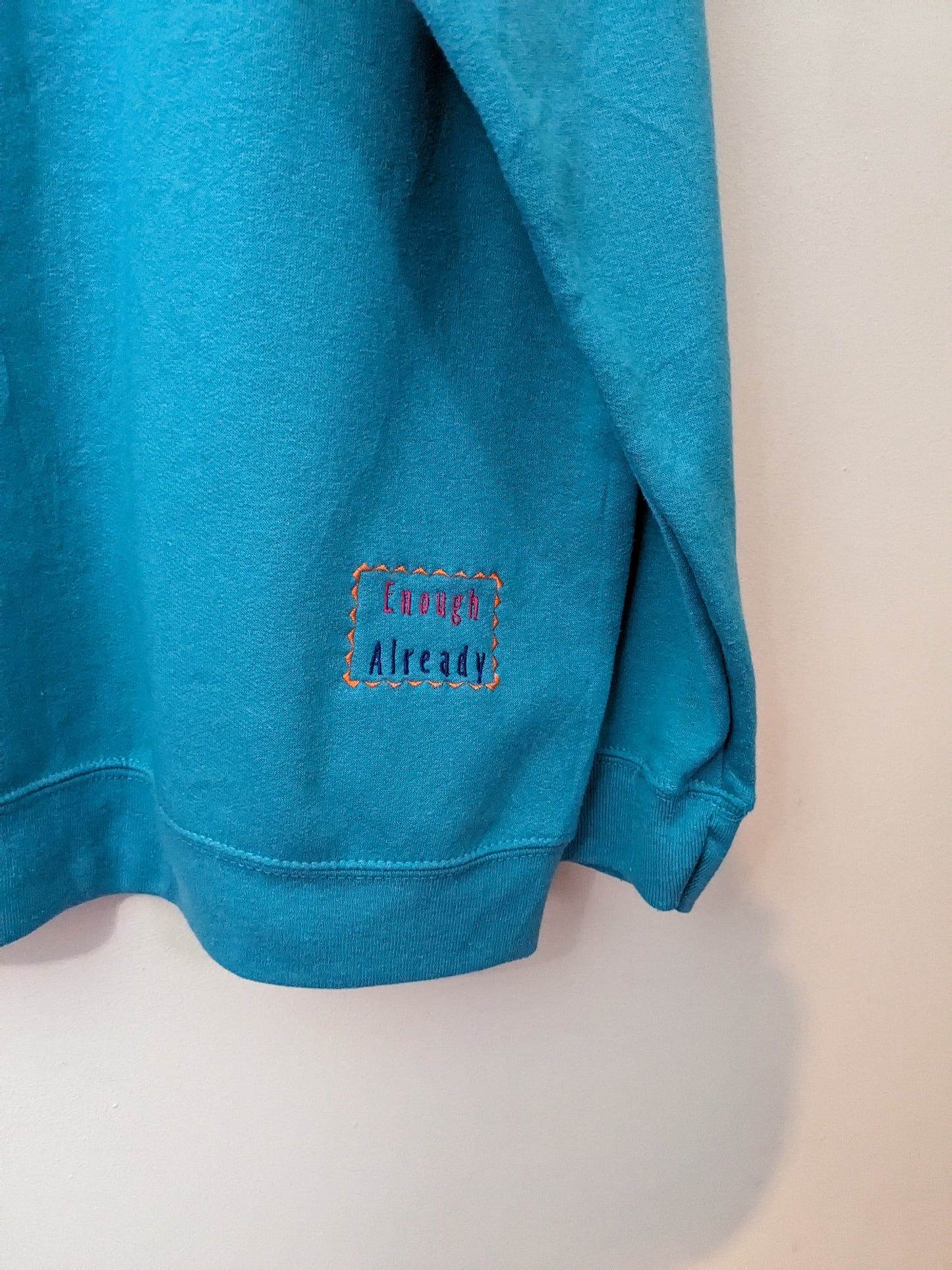 XL Upcycled Turquoise Reworked Sweatshirt - Rainbow Virginia Woolf Bookish Design 'Thinking is my Fighting'