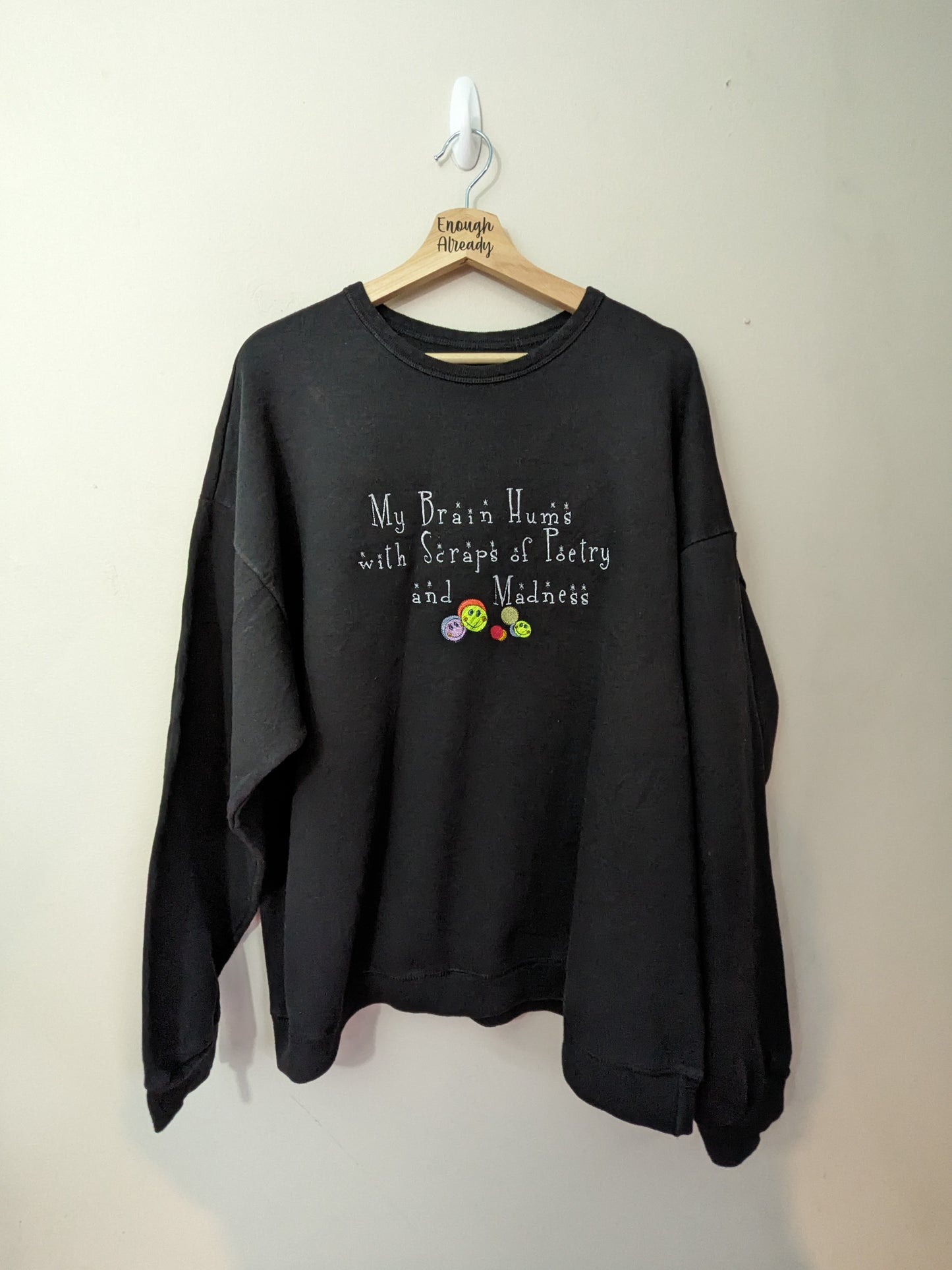 XXL Black Reworked Sweatshirt - Embroidered Virginia Woolf Iconic Literary Quote - Smiley Facey Design