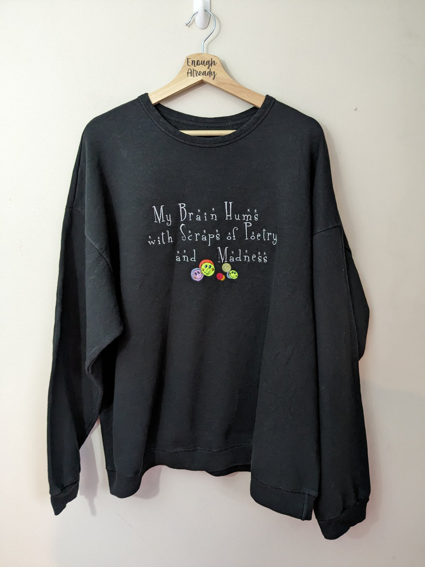 XXL Black Reworked Sweatshirt - Embroidered Virginia Woolf Iconic Literary Quote - Smiley Facey Design