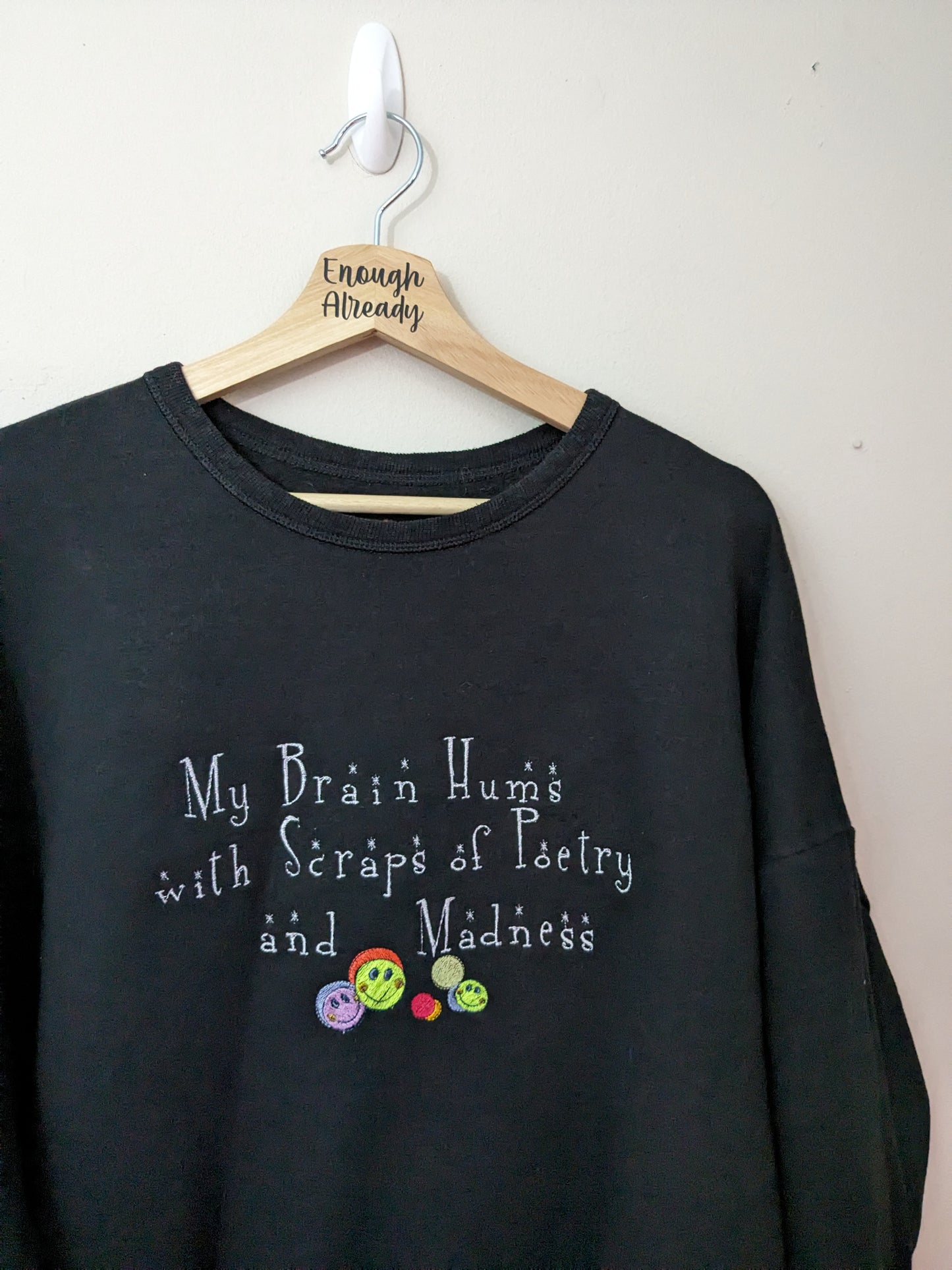 XXL Black Reworked Sweatshirt - Embroidered Virginia Woolf Iconic Literary Quote - Smiley Facey Design