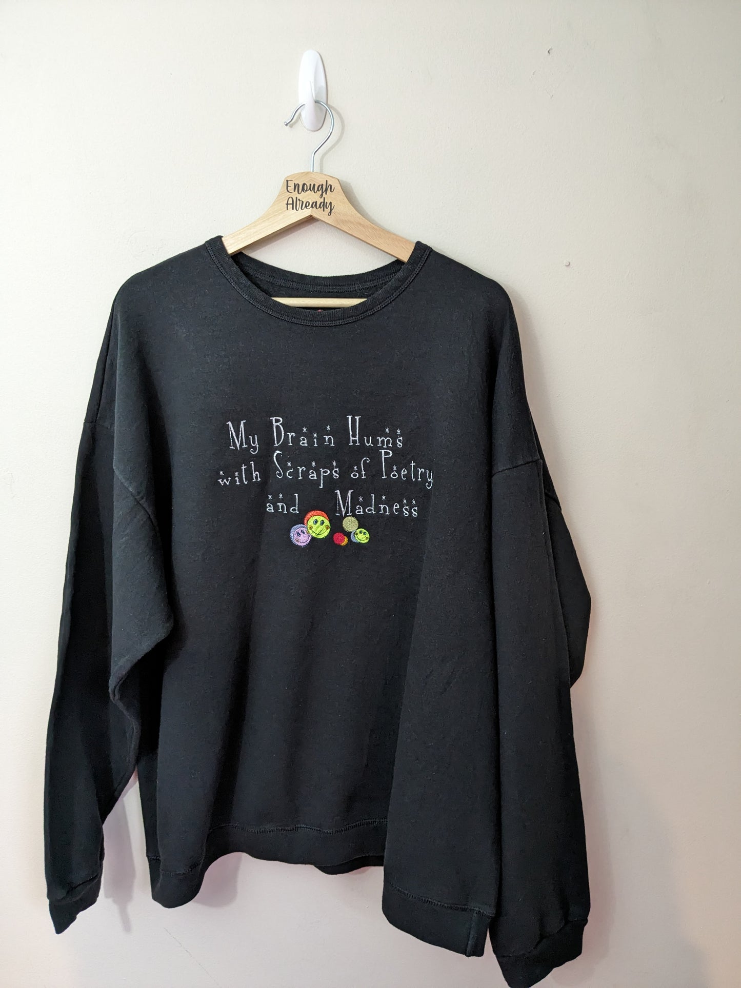 XXL Black Reworked Sweatshirt - Embroidered Virginia Woolf Iconic Literary Quote - Smiley Facey Design