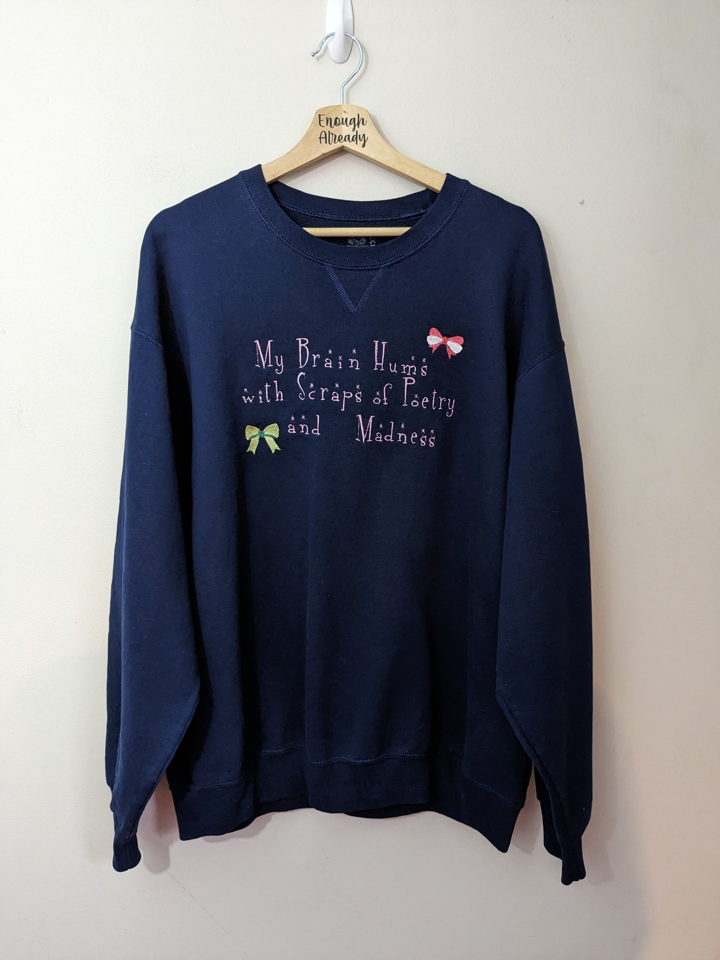 Size XL Navy Virginia Woolf Reworked Classic Crew Neck Sweatshirt - Bow and Quote Detail