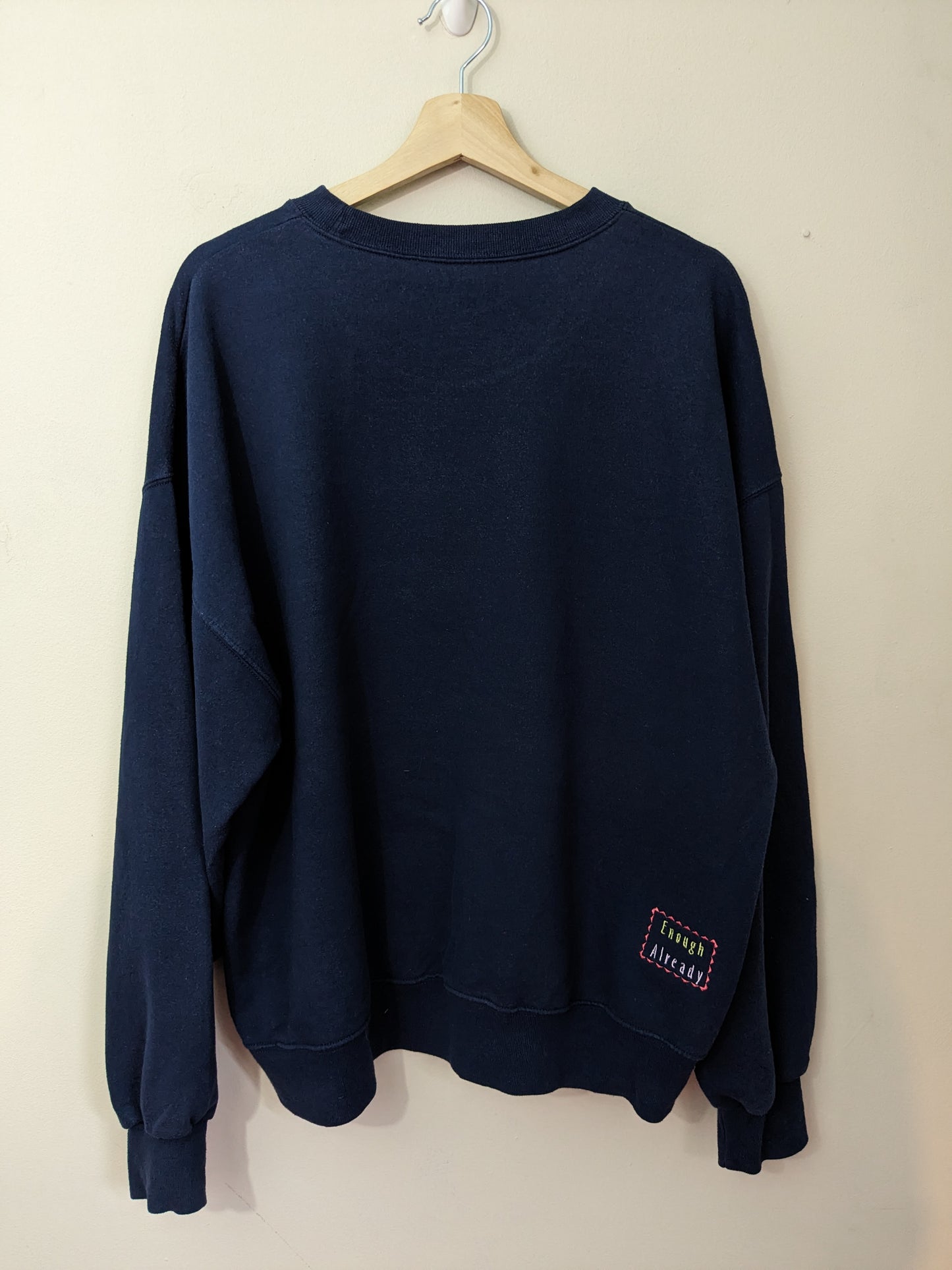 Size XL Classic Navy Sweatshirt - Embroidered Pastel 'Scatter Joy' by Ralph Waldo Emerson - Happy Reworked Clothing