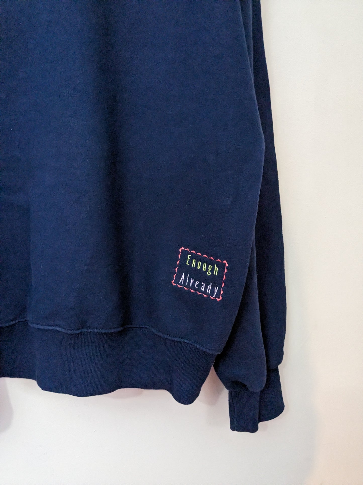 Size XL Classic Navy Sweatshirt - Embroidered Pastel 'Scatter Joy' by Ralph Waldo Emerson - Happy Reworked Clothing