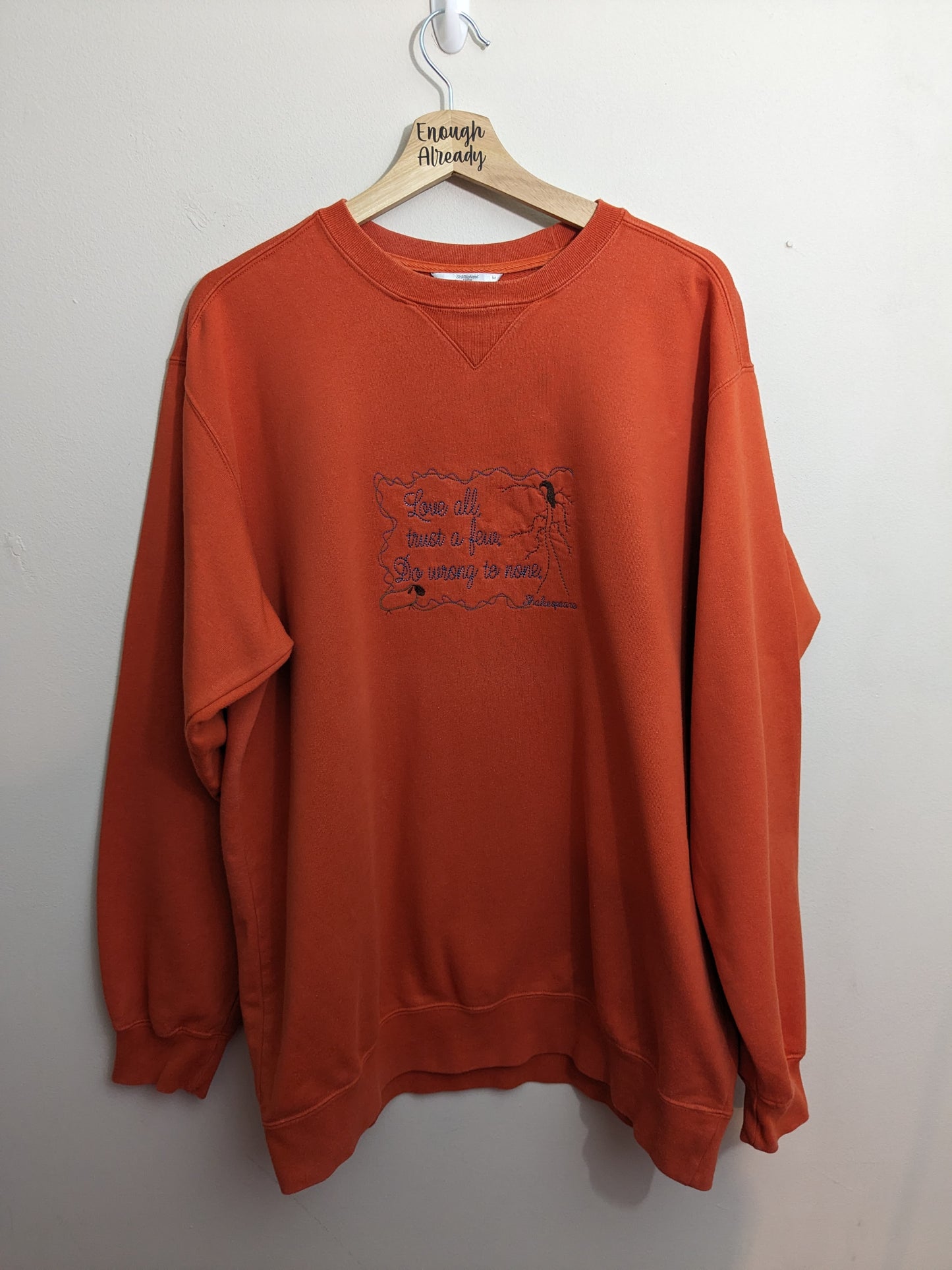 Medium Orange Reworked Vintage Sweatshirt - Embroidered William Shakespeare Quote - All's Well That End's Well Design