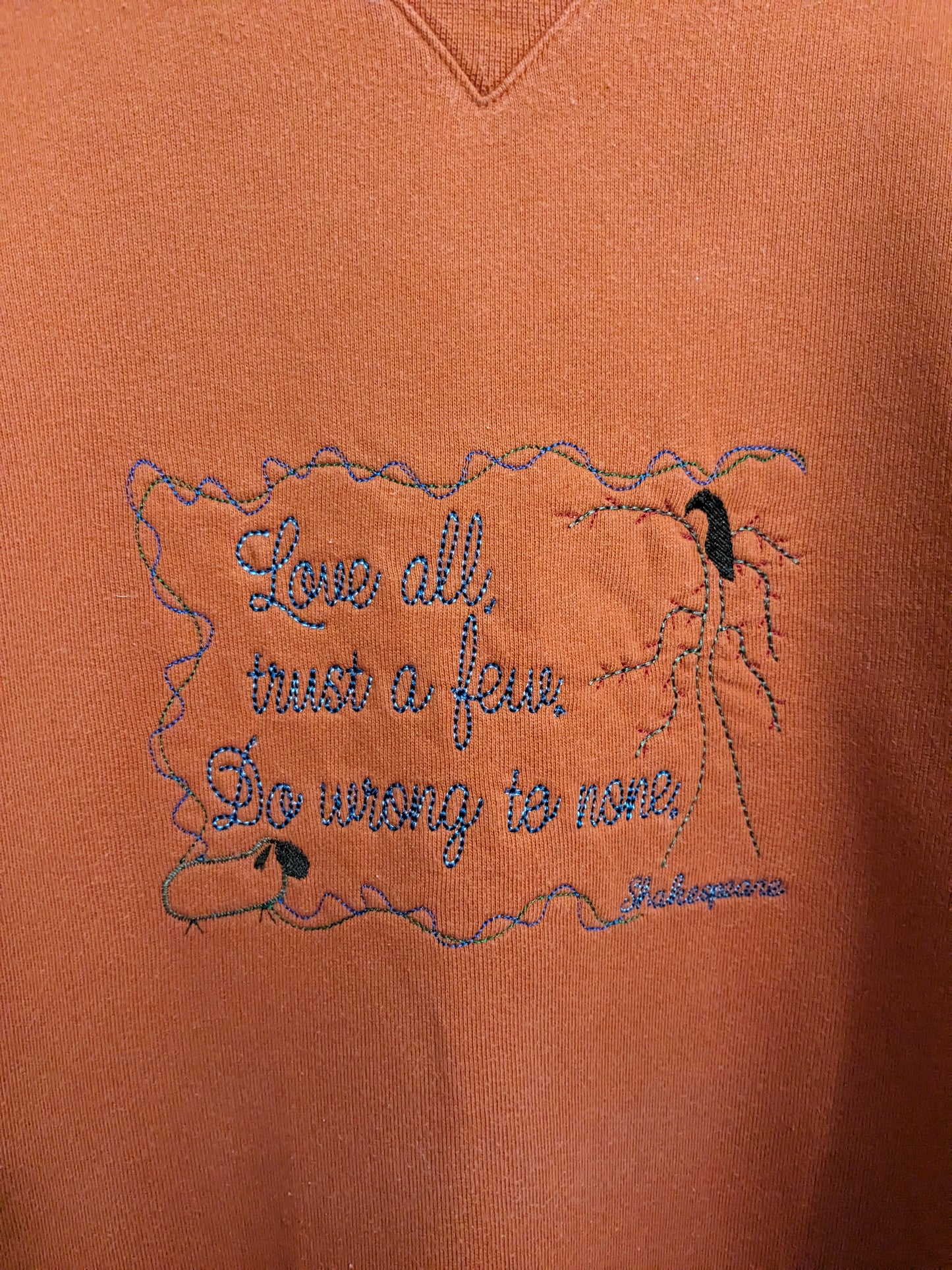 Medium Orange Reworked Vintage Sweatshirt - Embroidered William Shakespeare Quote - All's Well That End's Well Design