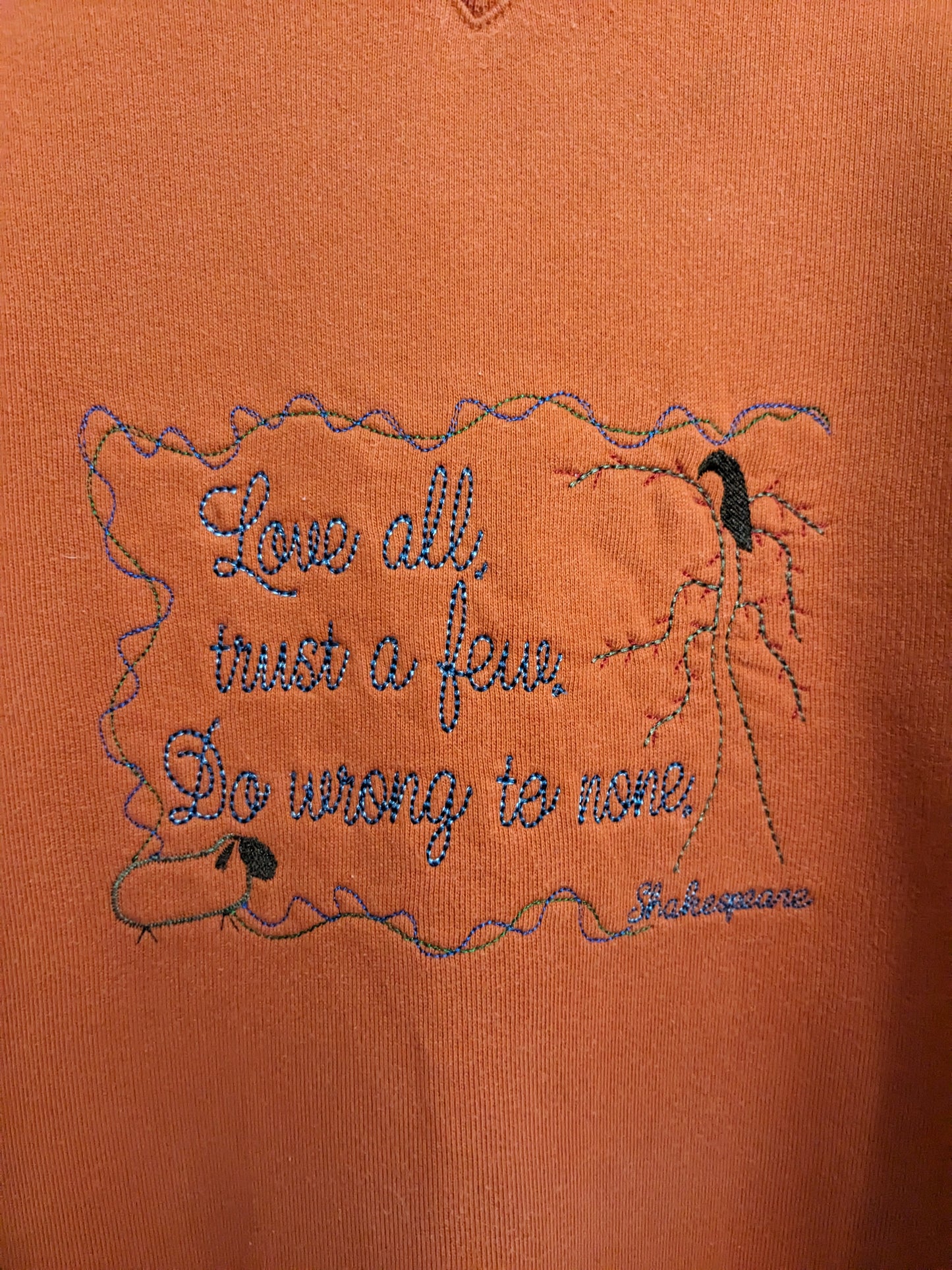 Medium Orange Reworked Vintage Sweatshirt - Embroidered William Shakespeare Quote - All's Well That End's Well Design