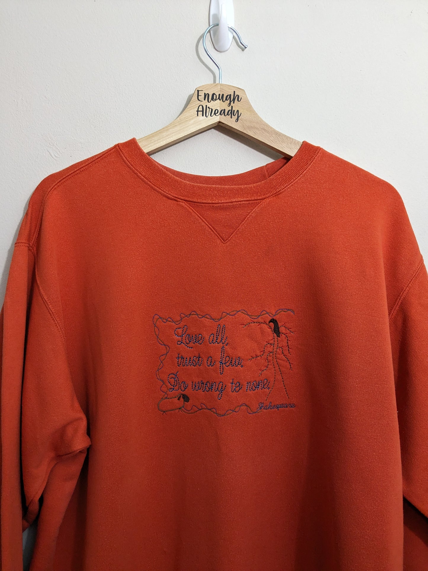 Medium Orange Reworked Vintage Sweatshirt - Embroidered William Shakespeare Quote - All's Well That End's Well Design