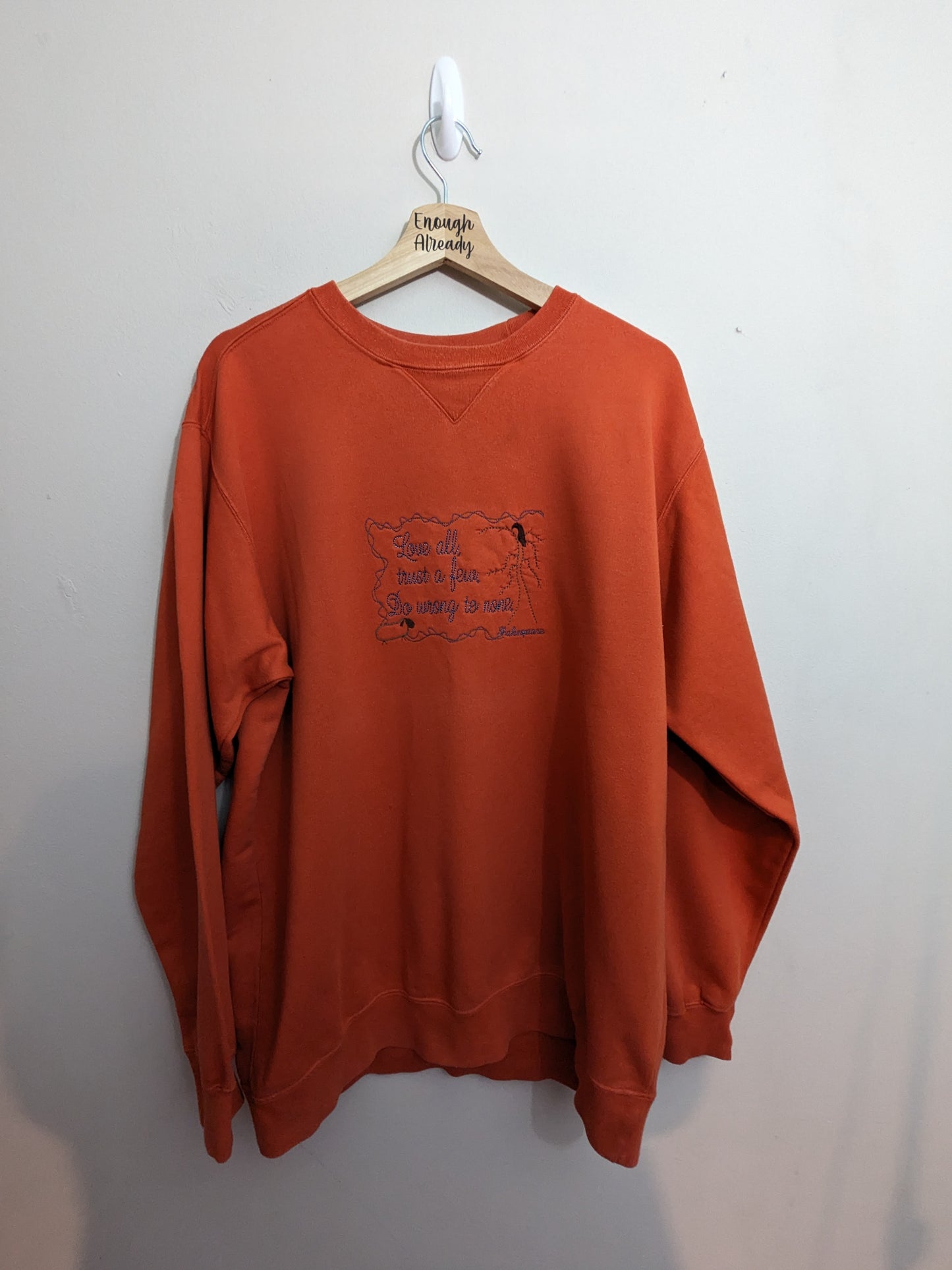 Medium Orange Reworked Vintage Sweatshirt - Embroidered William Shakespeare Quote - All's Well That End's Well Design