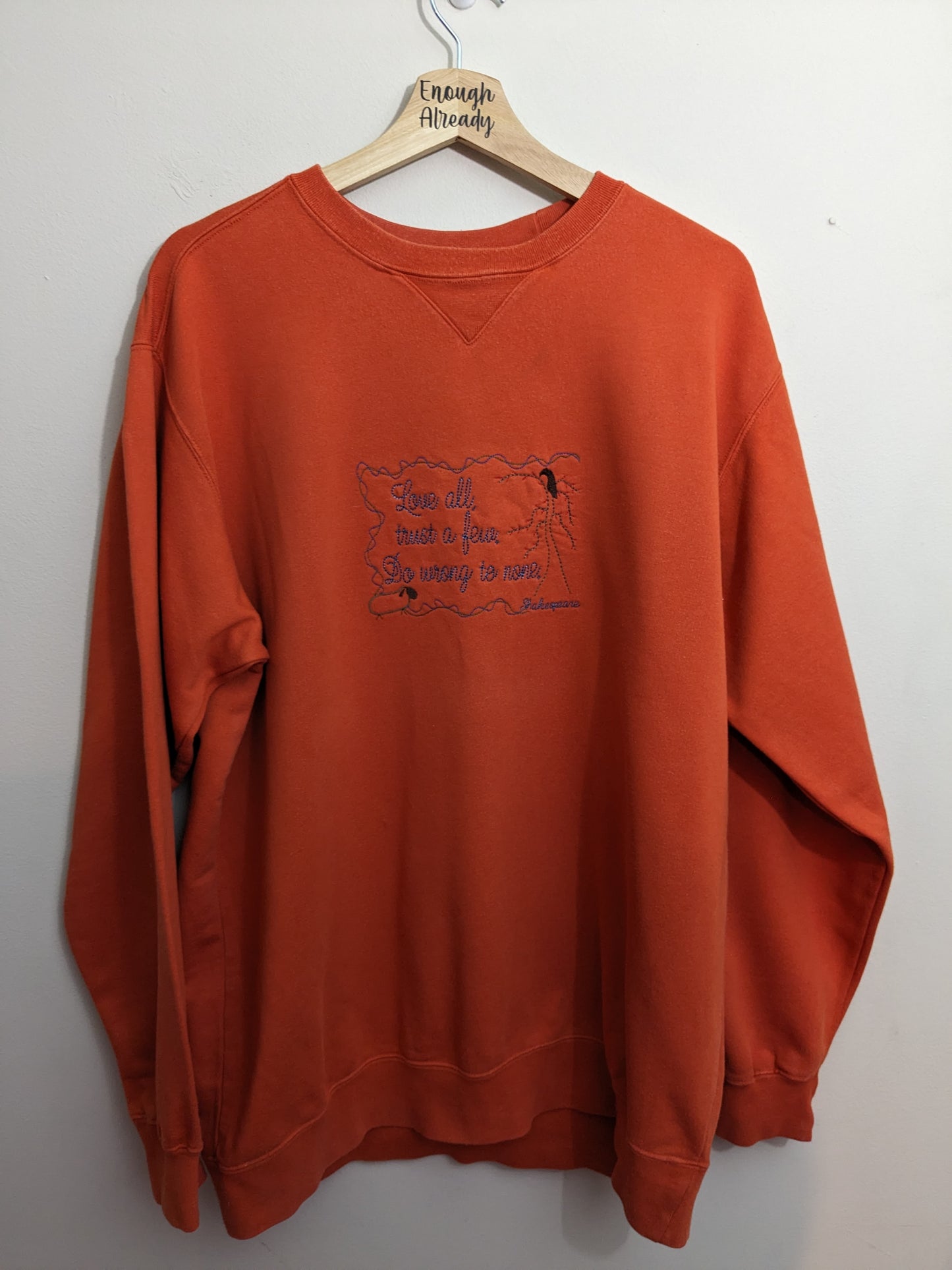 Medium Orange Reworked Vintage Sweatshirt - Embroidered William Shakespeare Quote - All's Well That End's Well Design