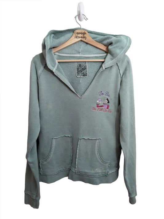 Size 12 Mint Green V-Neck Hoodie - Embroidered Hamlet Character - To Be or Not to Be Quote