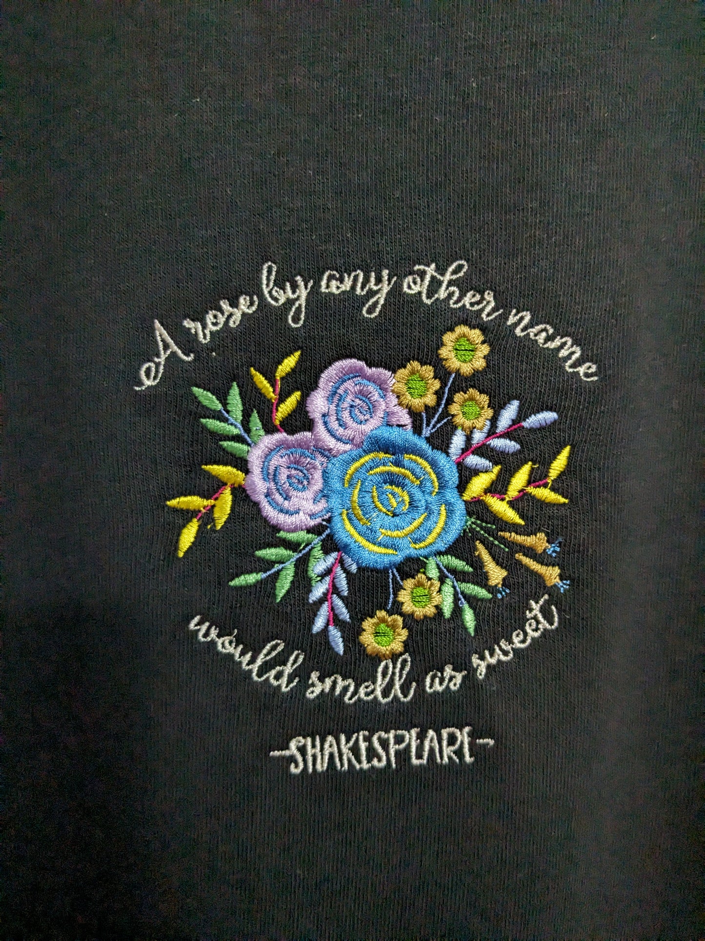 XS Black Reworked Sweatshirt Embroidered William Shakespeare Floral Design - Romeo and Juliet Inspired