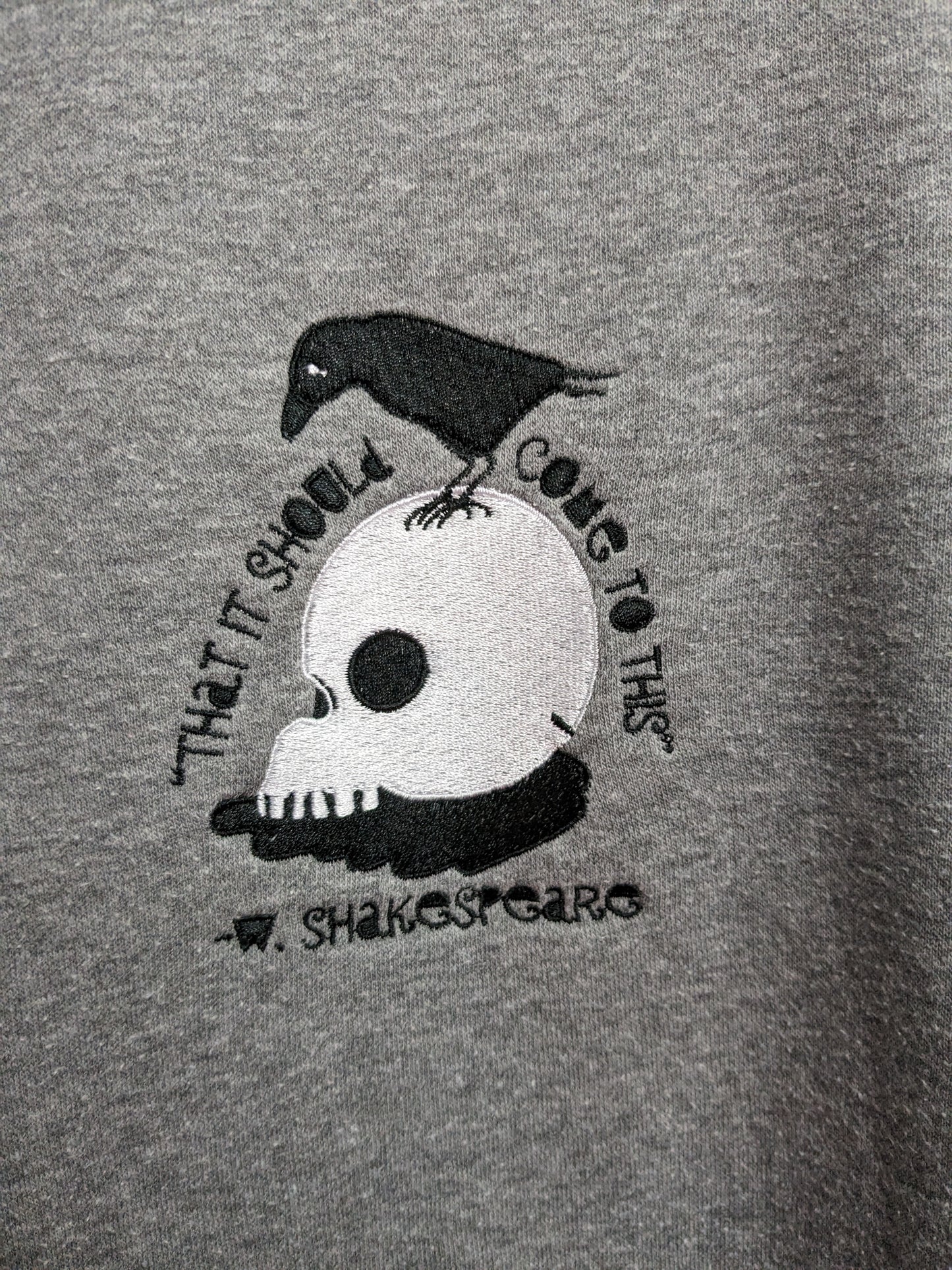 Medium Grey Upcycled Crew Neck Sweatshirt - Embroidered William Shakespeare Bookish Hamlet Quote - Skull Illustration