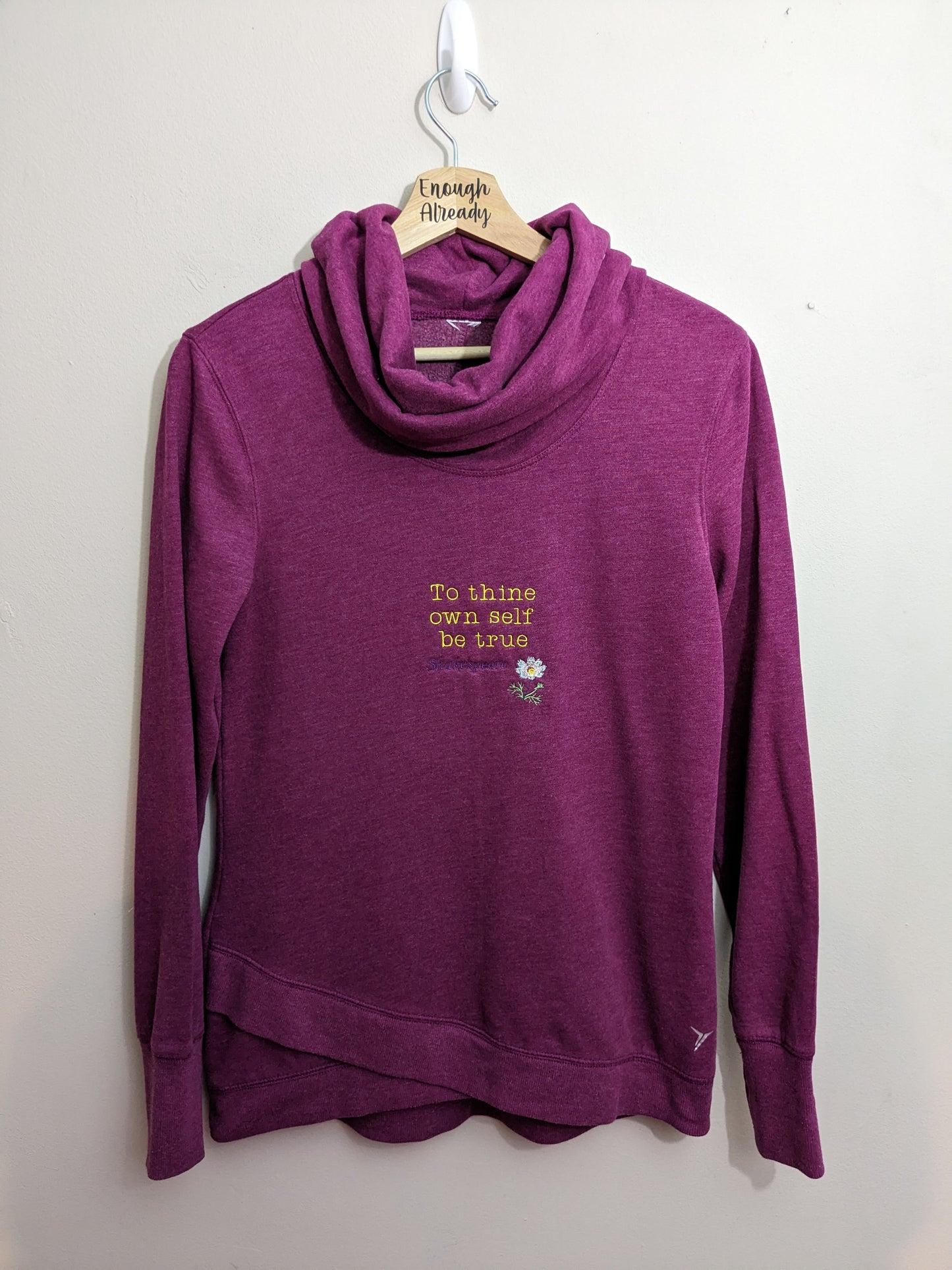 XS Burgundy Cowl Neck Reworked Sweatshirt - Embroidered William Shakespeare Embroidered Hamlet Quote