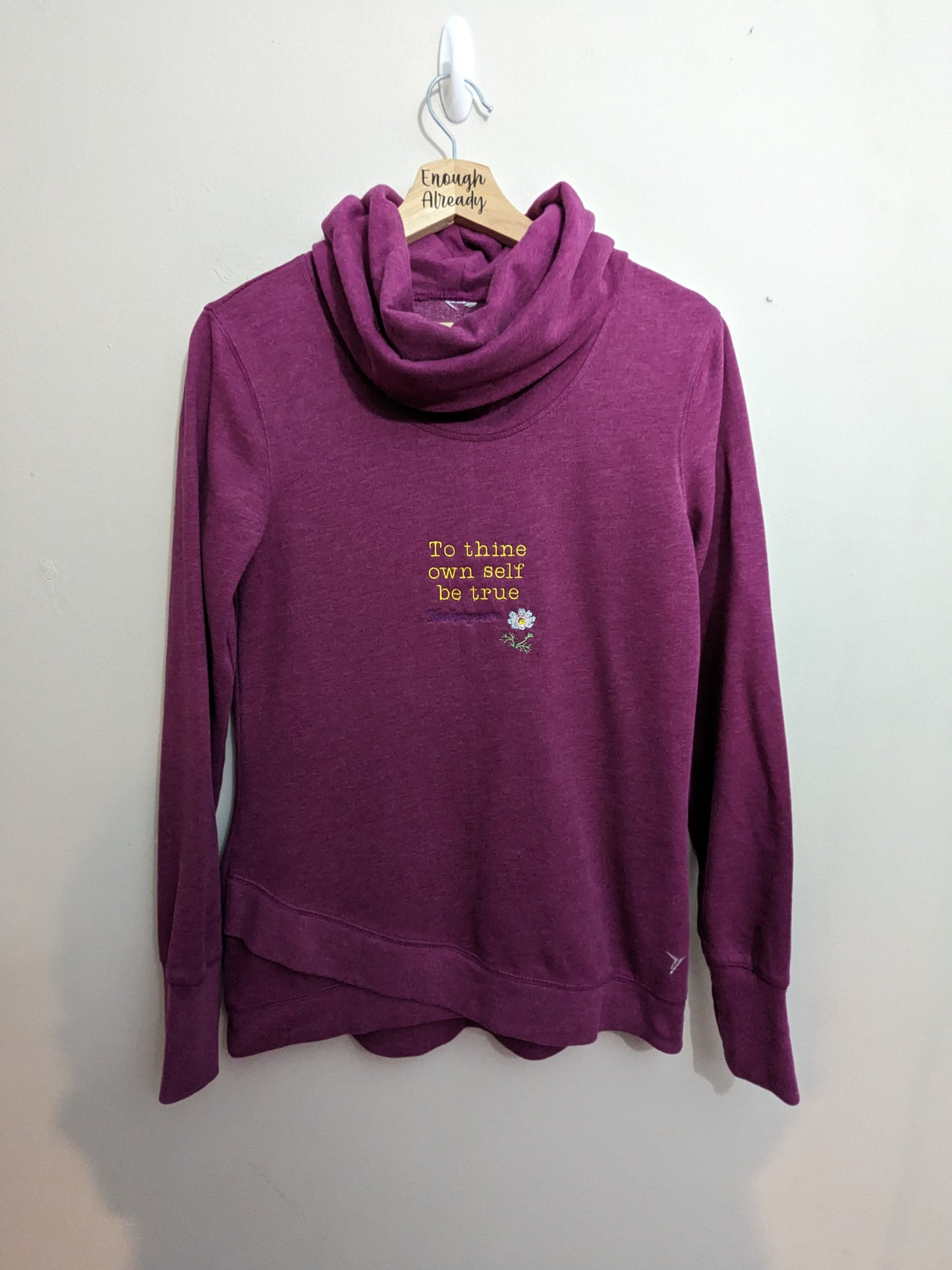 XS Burgundy Cowl Neck Reworked Sweatshirt - Embroidered William Shakespeare Embroidered Hamlet Quote