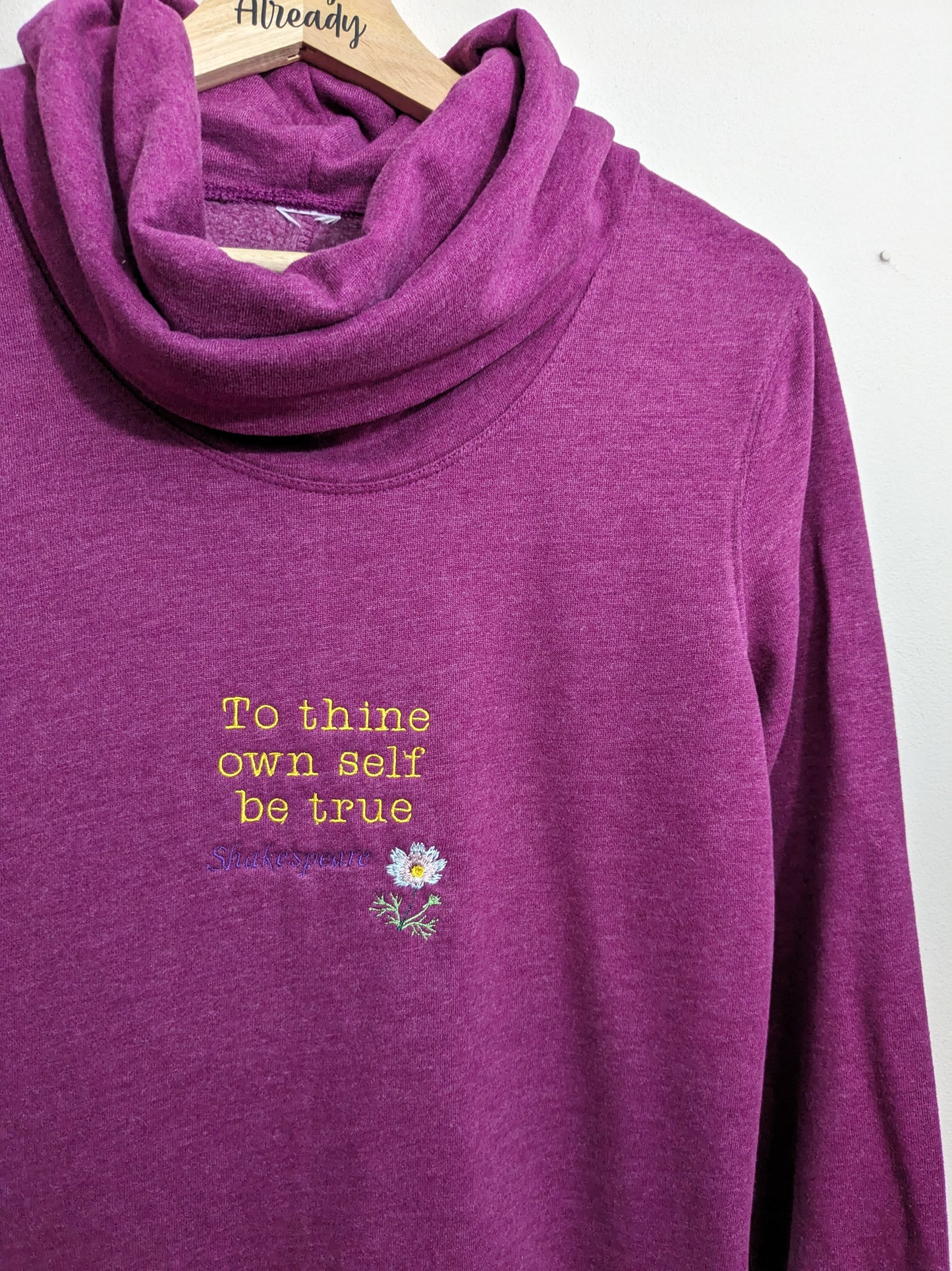 XS Burgundy Cowl Neck Reworked Sweatshirt - Embroidered William Shakespeare Embroidered Hamlet Quote