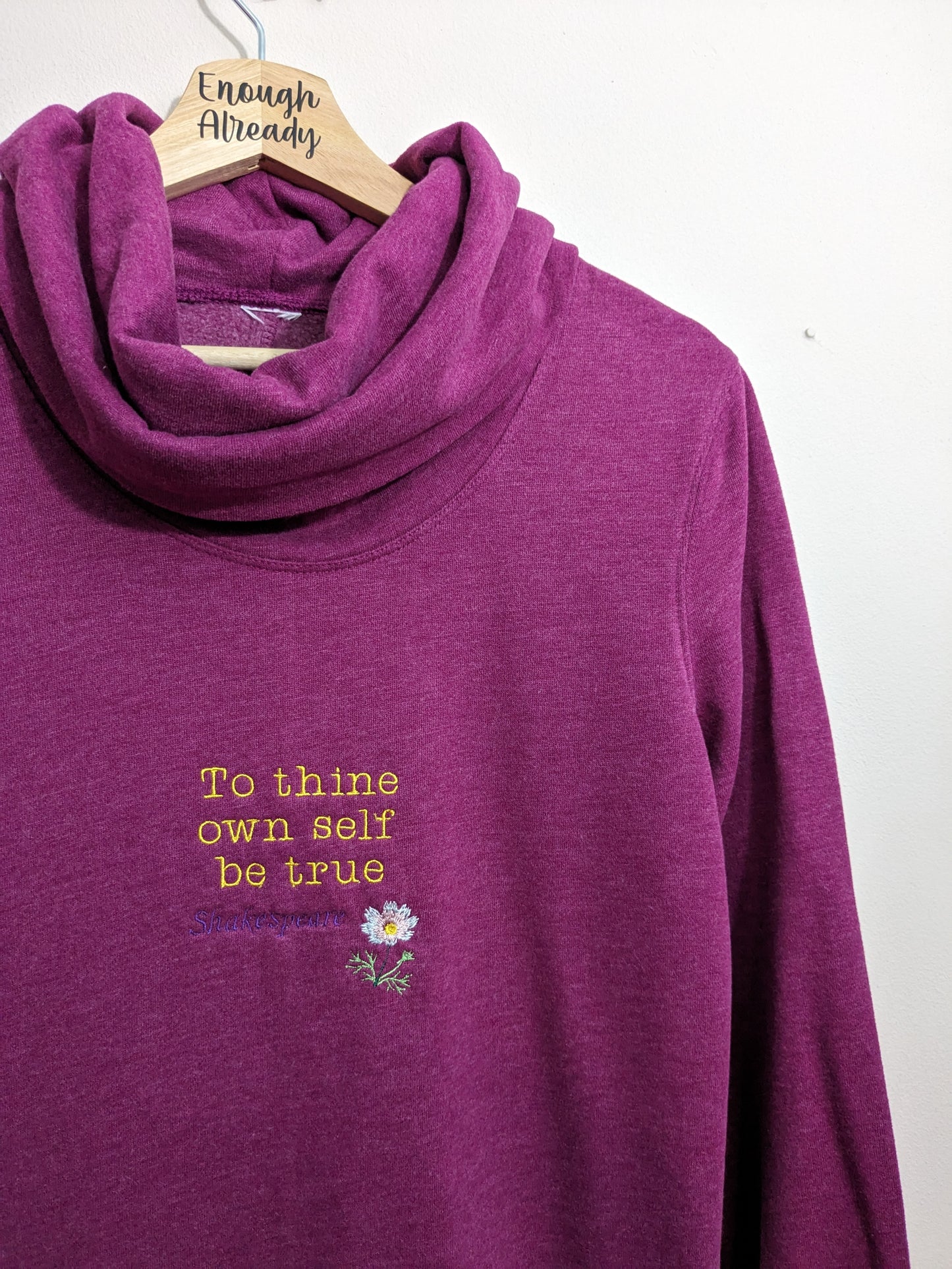 XS Burgundy Cowl Neck Reworked Sweatshirt - Embroidered William Shakespeare Embroidered Hamlet Quote