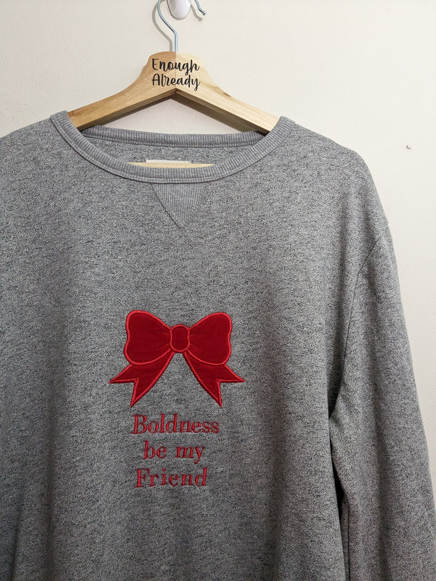 XL Grey Sweatshirt - Upcycled by Us - Embroidered With Shakespeare Quote and Big Bow Design