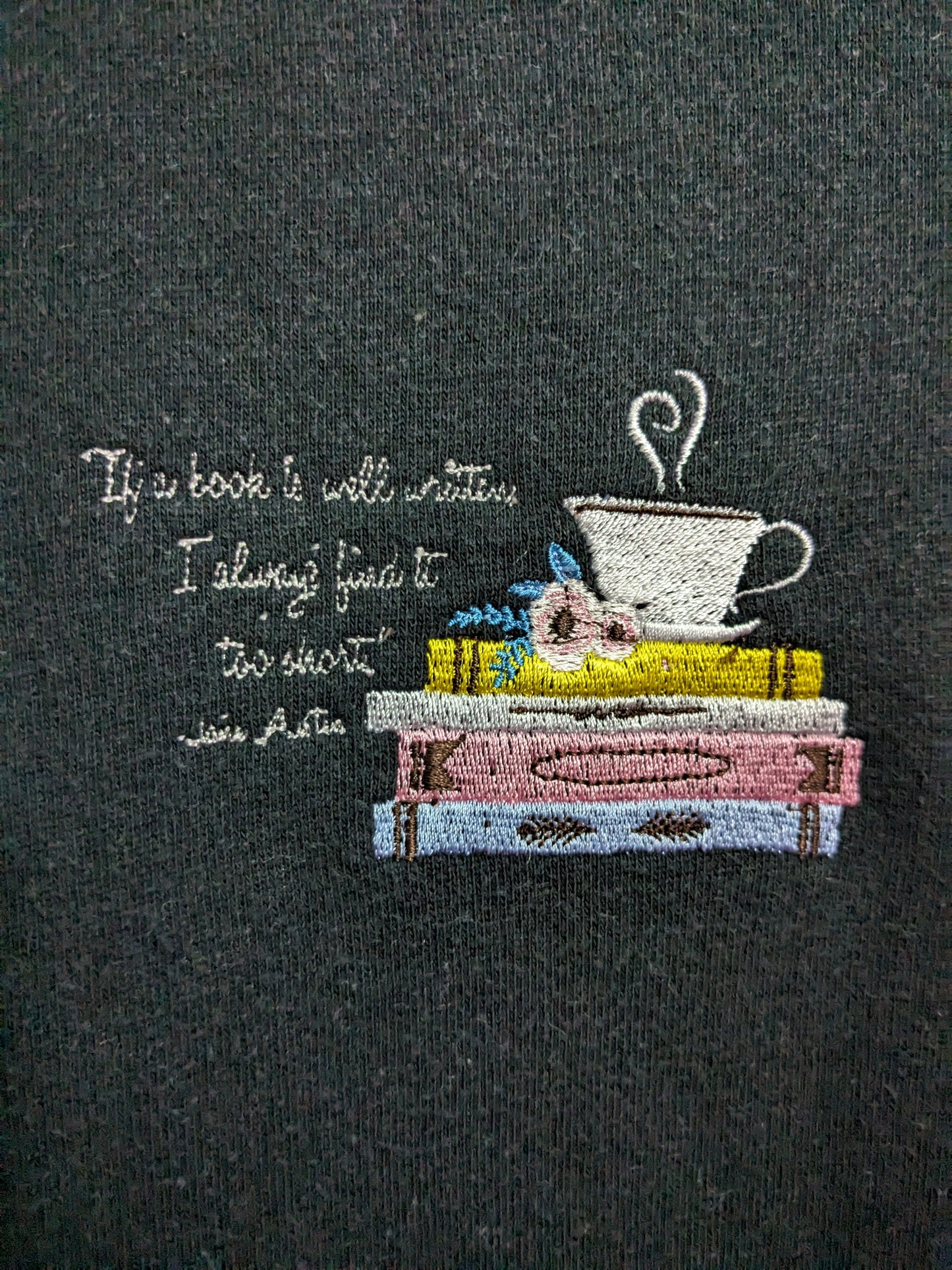 Medium Reworked Black and Grey Raglan Sweatshirt - Embroidered Jane Austen Quote - Book and Coffee Stack