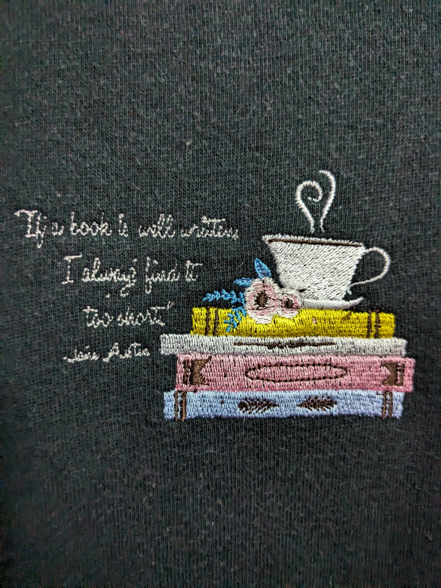 Medium Reworked Black and Grey Raglan Sweatshirt - Embroidered Jane Austen Quote - Book and Coffee Stack