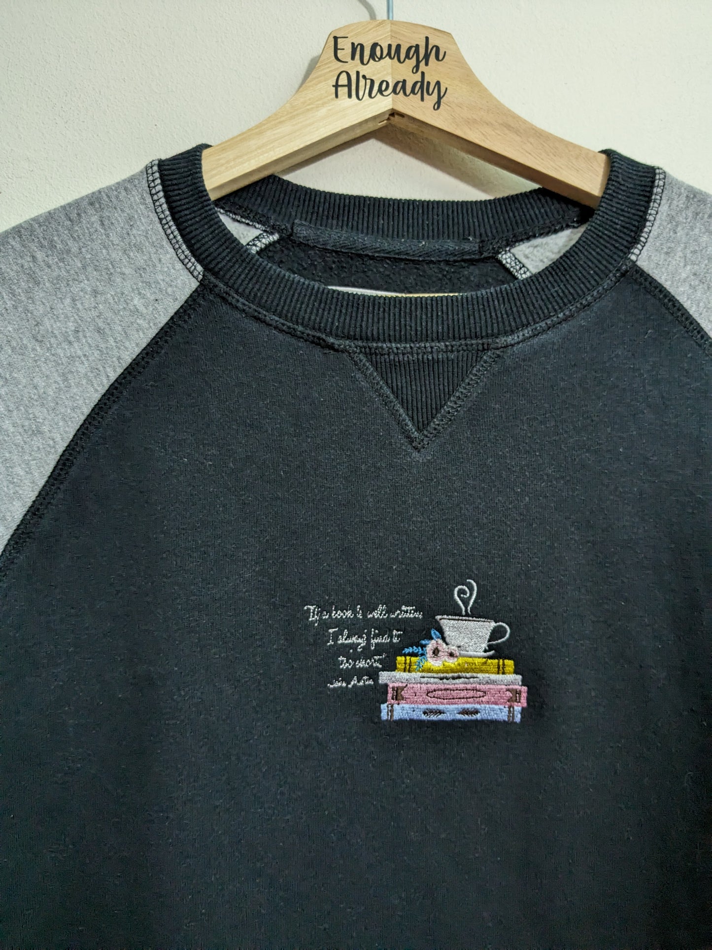 Medium Reworked Black and Grey Raglan Sweatshirt - Embroidered Jane Austen Quote - Book and Coffee Stack