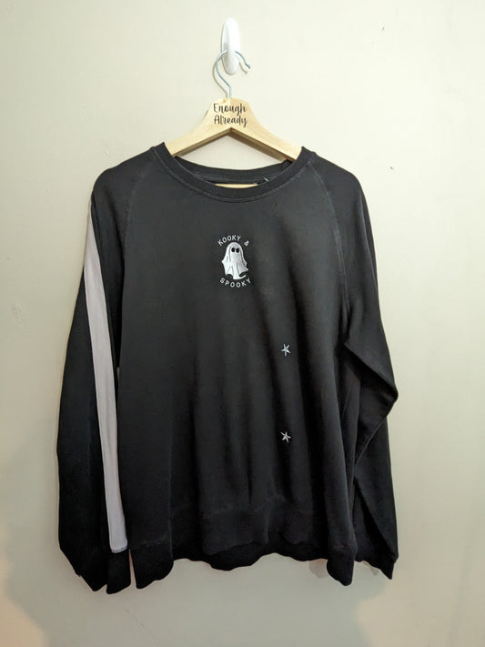 Size 12 Reworked Black and White Sweatshirt - Embroidered Ghost Design - Kooky And Spooky