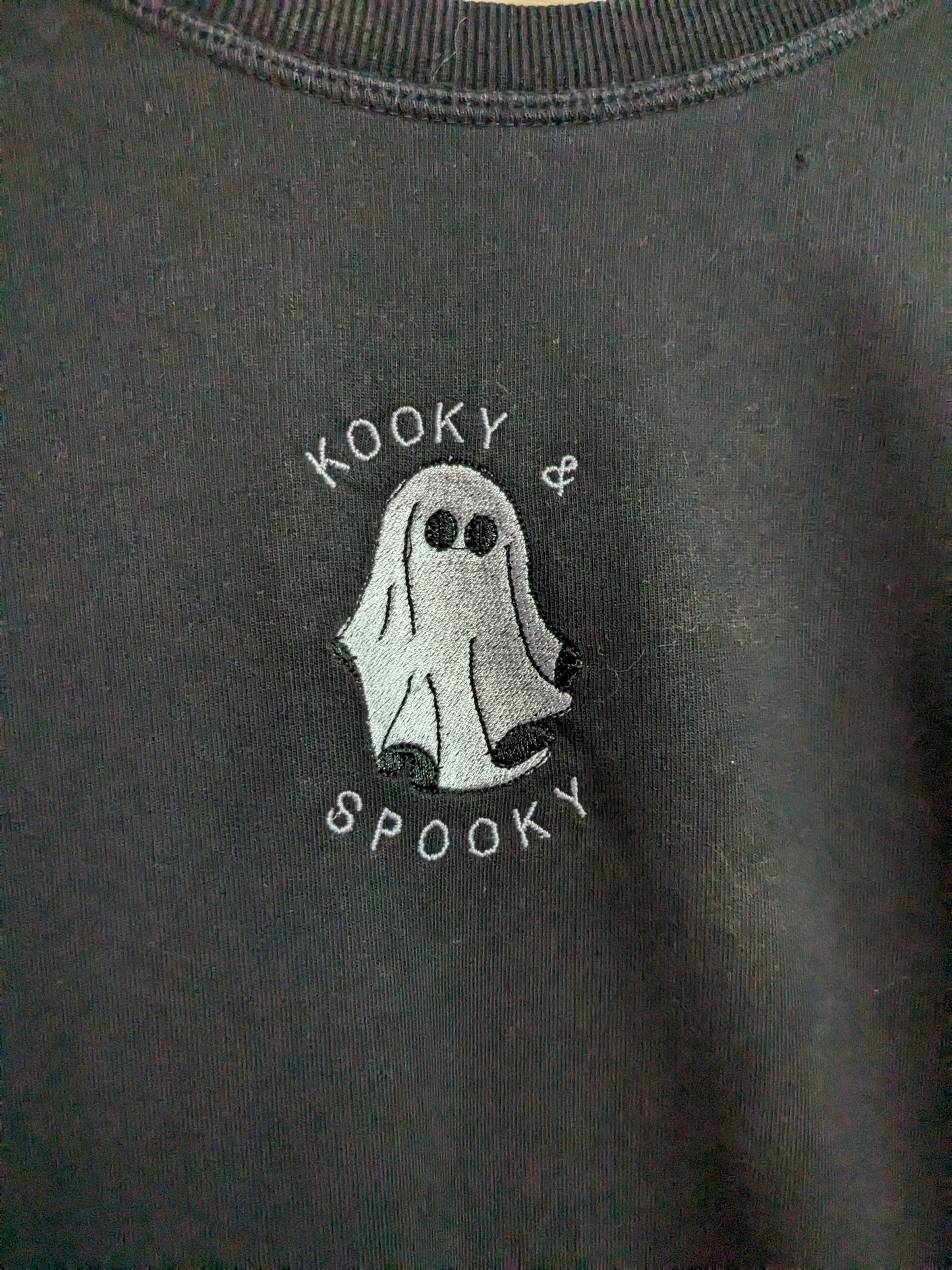 Size 12 Reworked Black and White Sweatshirt - Embroidered Ghost Design - Kooky And Spooky