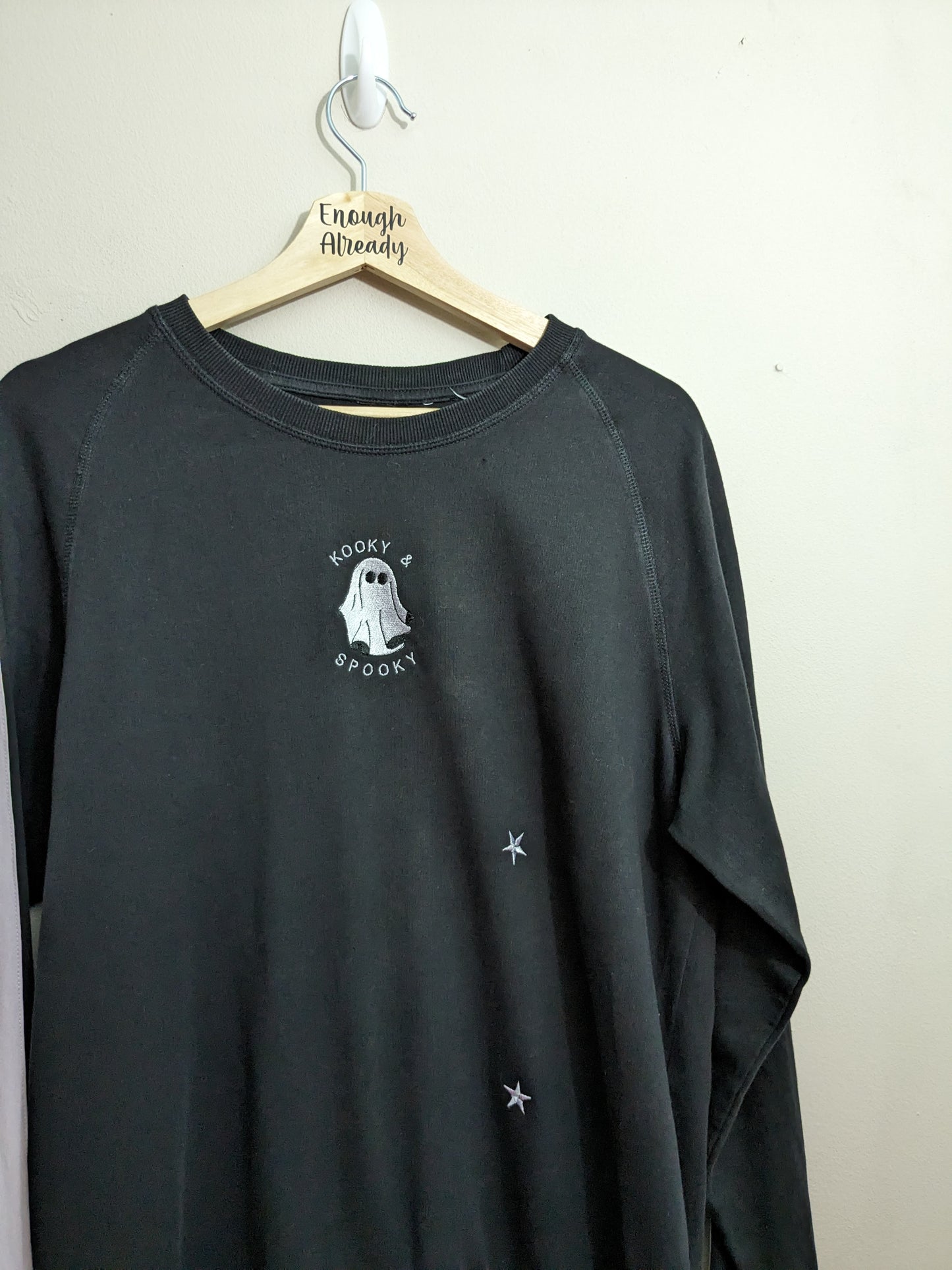 Size 12 Reworked Black and White Sweatshirt - Embroidered Ghost Design - Kooky And Spooky