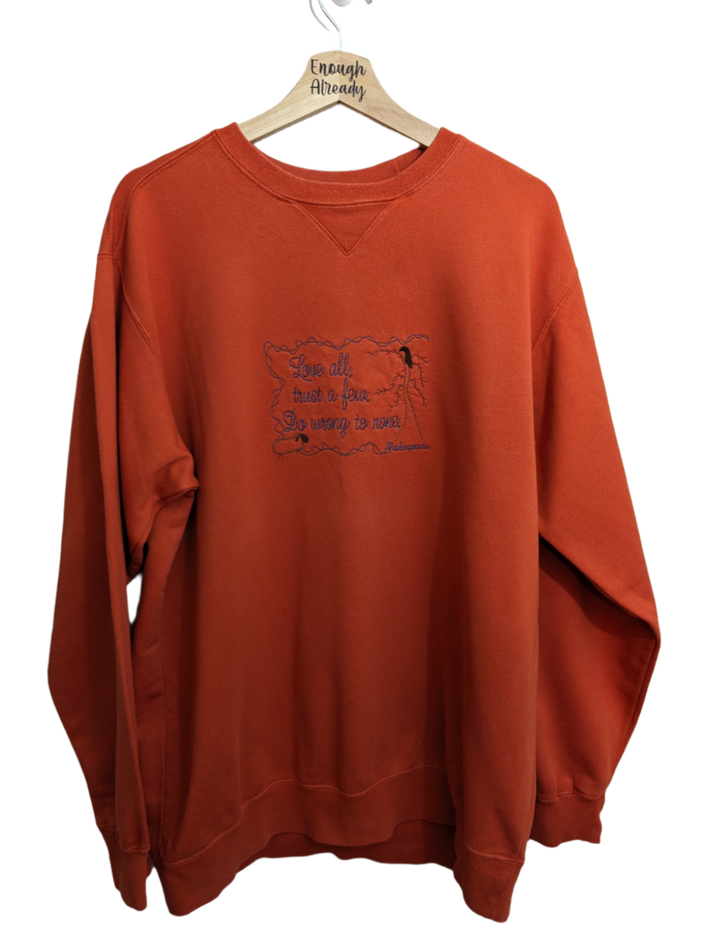 Medium Orange Reworked Vintage Sweatshirt - Embroidered William Shakespeare Quote - All's Well That End's Well Design