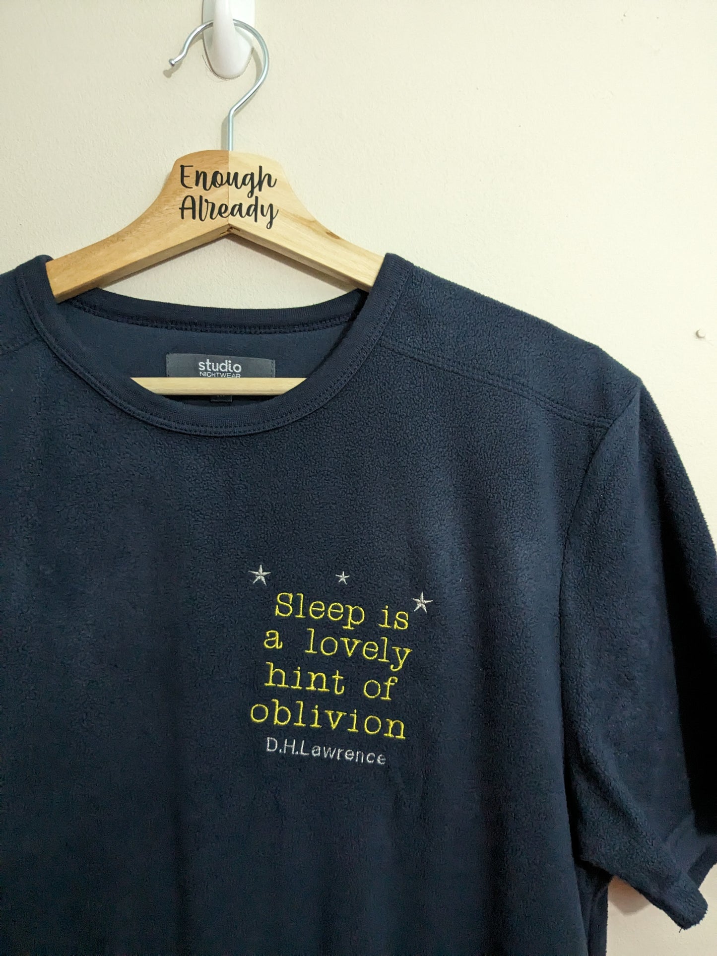 Size Medium Navy Embroidered Reworked Fleece Loungewear and Jogger 2 Piece Set - D. H. Lawrence Oblivion Bookish Quote