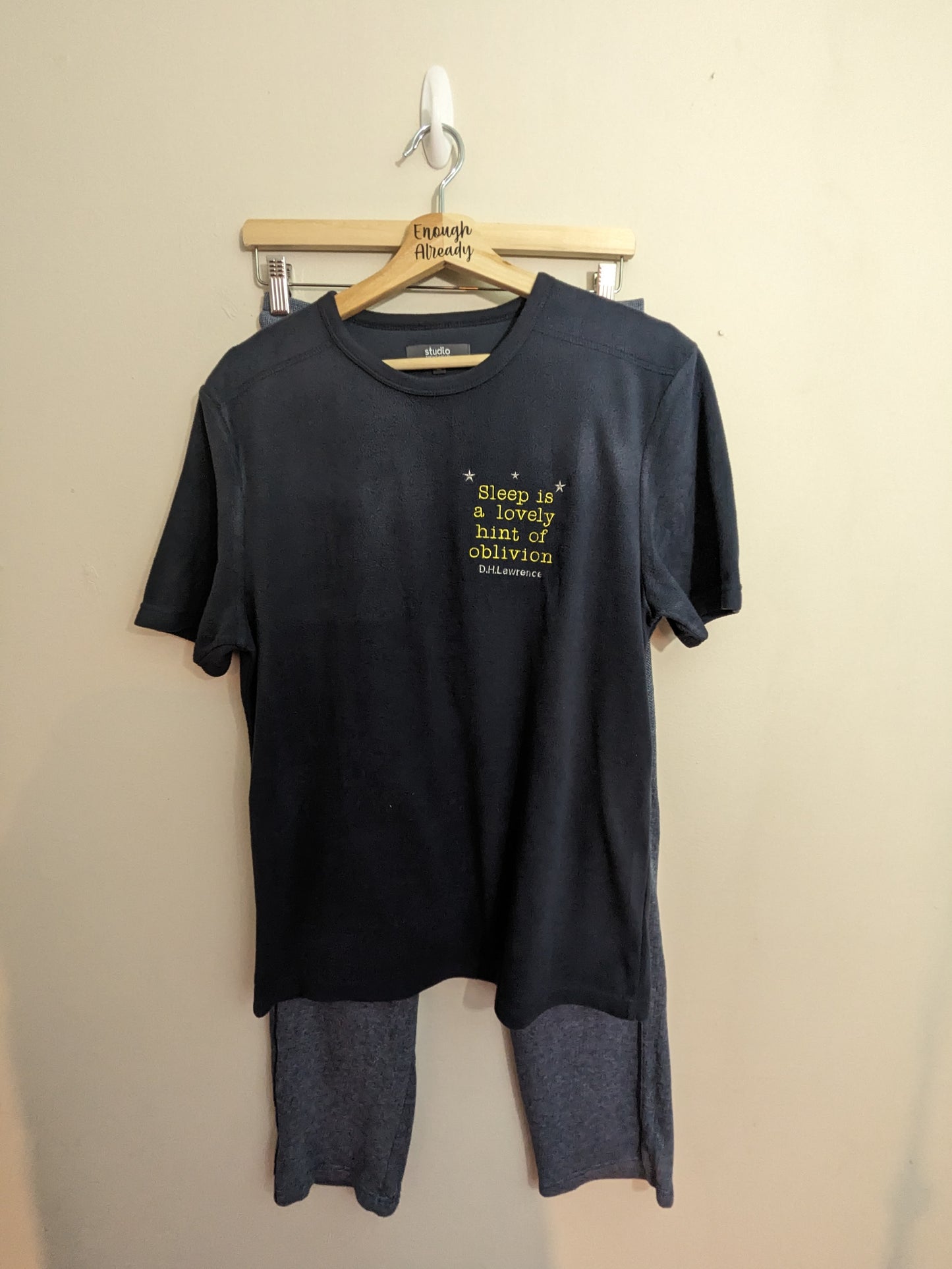 Size Medium Navy Embroidered Reworked Fleece Loungewear and Jogger 2 Piece Set - D. H. Lawrence Oblivion Bookish Quote