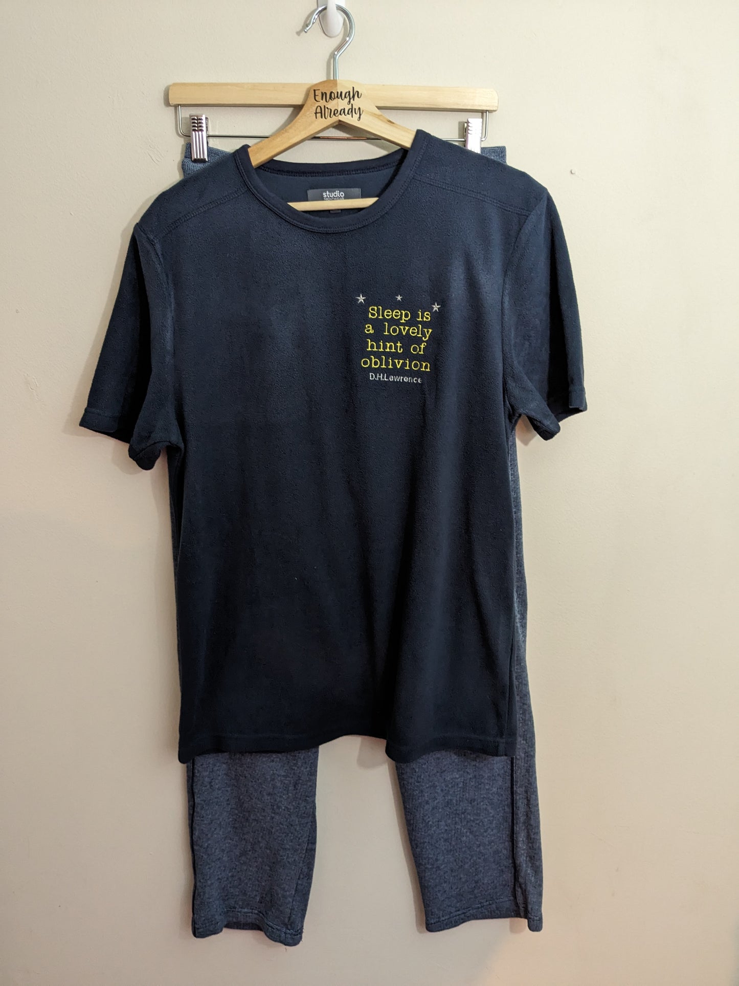 Size Medium Navy Embroidered Reworked Fleece Loungewear and Jogger 2 Piece Set - D. H. Lawrence Oblivion Bookish Quote