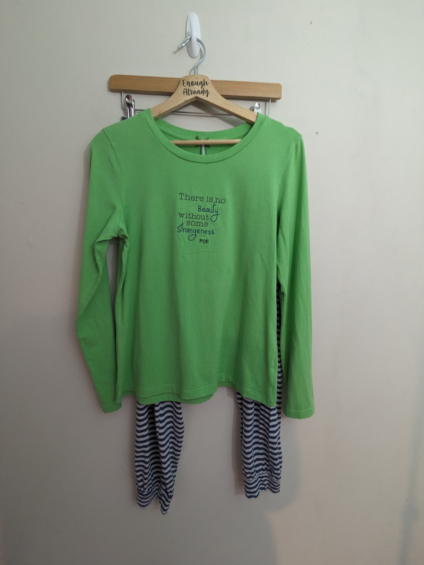 Size 12 -14 Green and Navy Striped Pyjama / Loungewear Set - Embroidered Edgar Allan Poe Bookish Quote