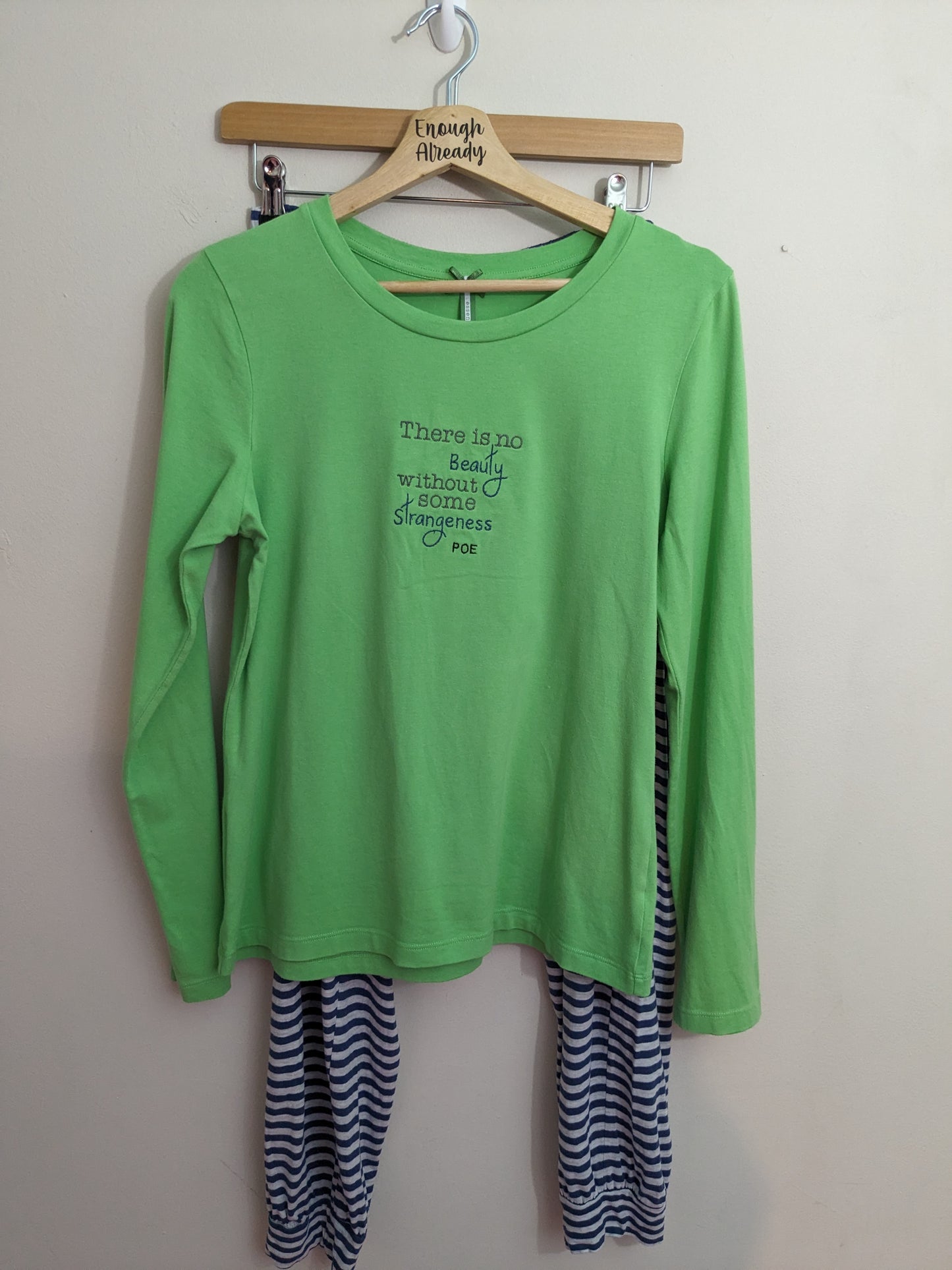 Size 12 -14 Green and Navy Striped Pyjama / Loungewear Set - Embroidered Edgar Allan Poe Bookish Quote