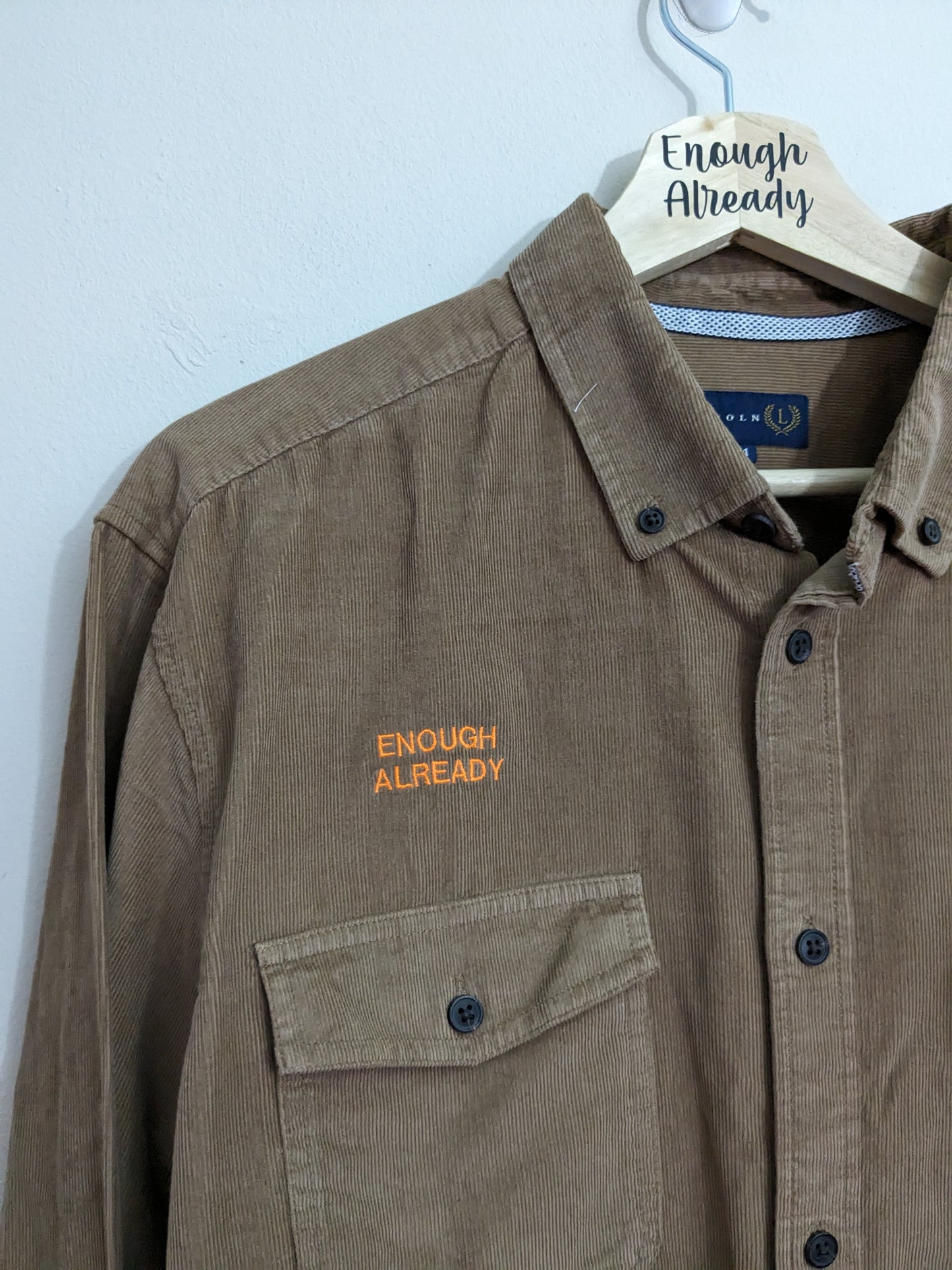 Size Medium Reworked Brown Cord Shirt - Embroidered Cymbeline Introvert Quote - Bookish