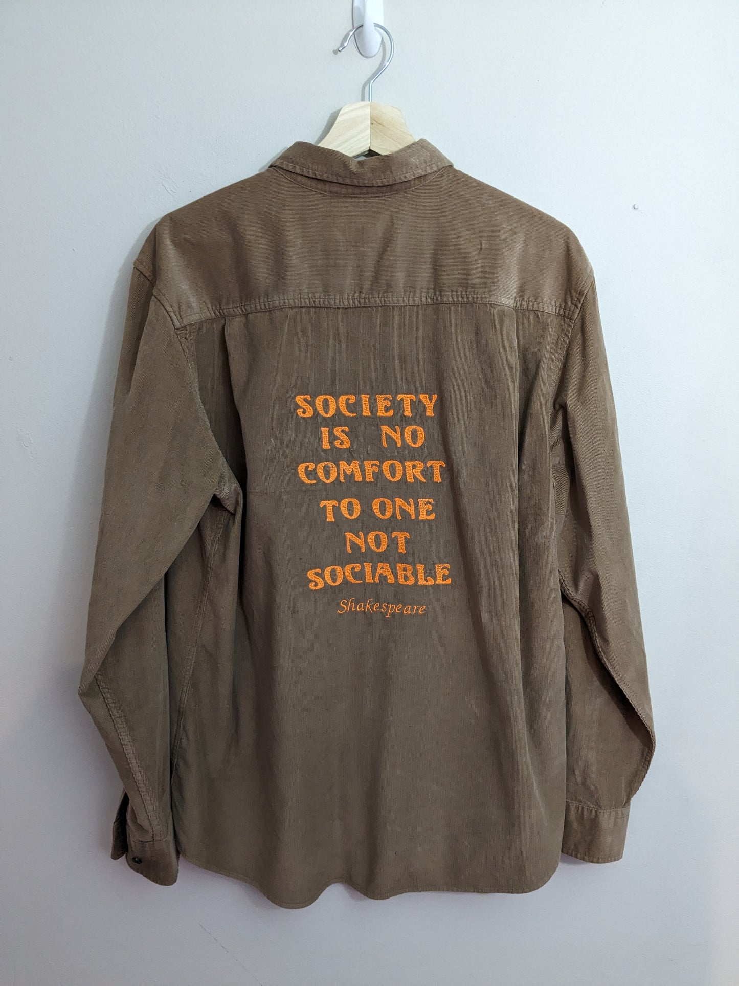 Size Medium Reworked Brown Cord Shirt - Embroidered Cymbeline Introvert Quote - Bookish