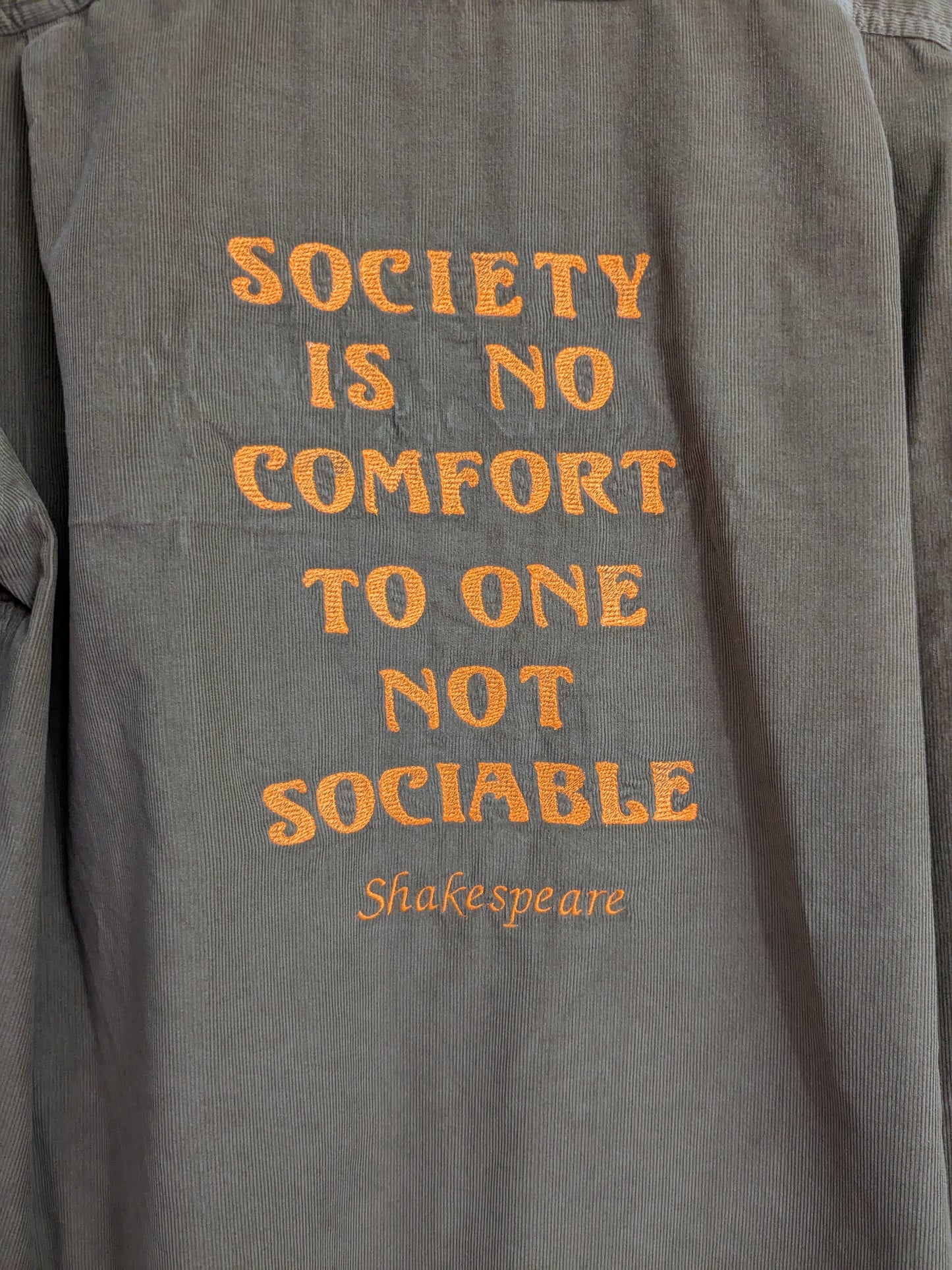 Size Medium Reworked Brown Cord Shirt - Embroidered Cymbeline Introvert Quote - Bookish