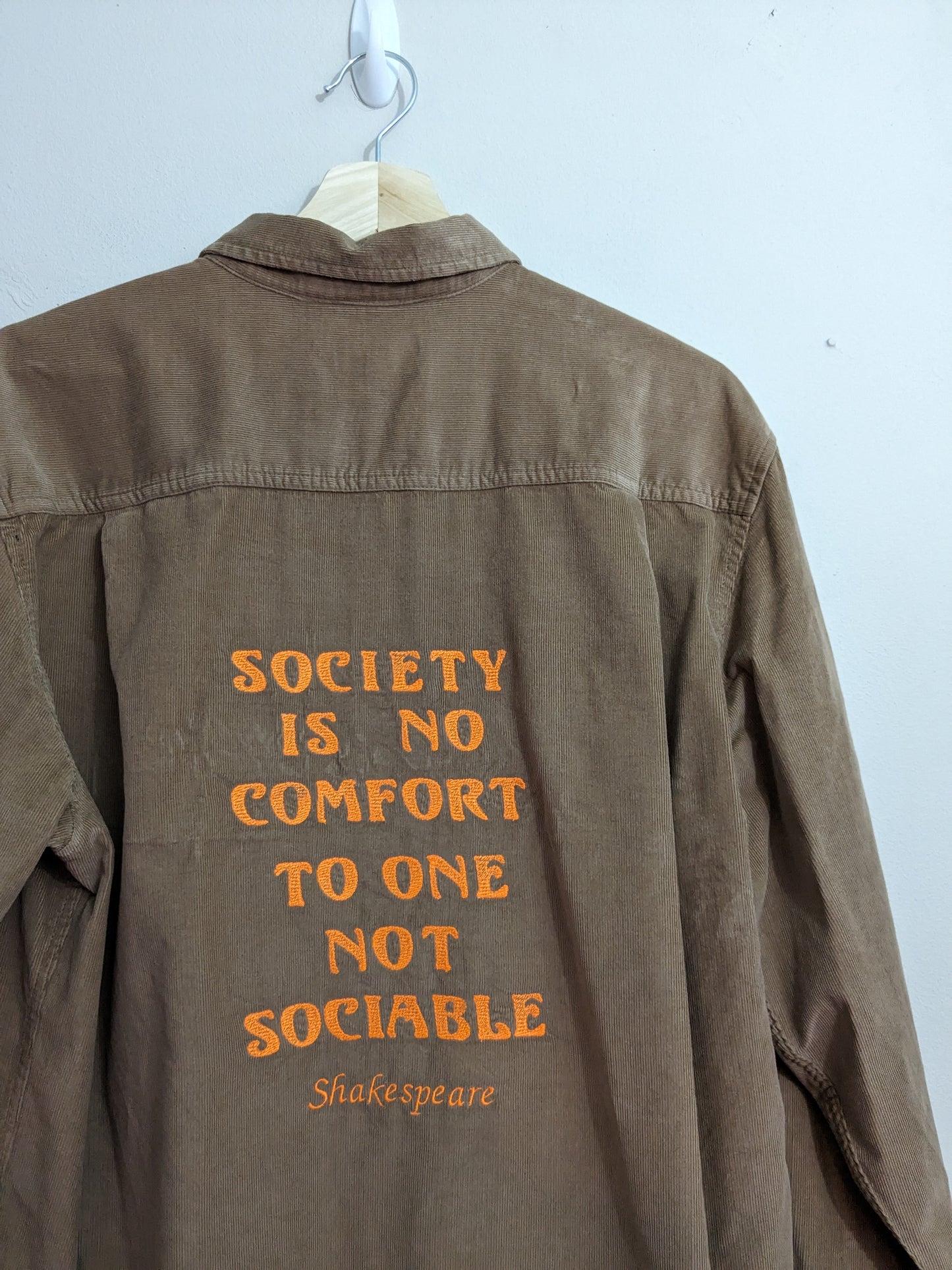 Size Medium Reworked Brown Cord Shirt - Embroidered Cymbeline Introvert Quote - Bookish