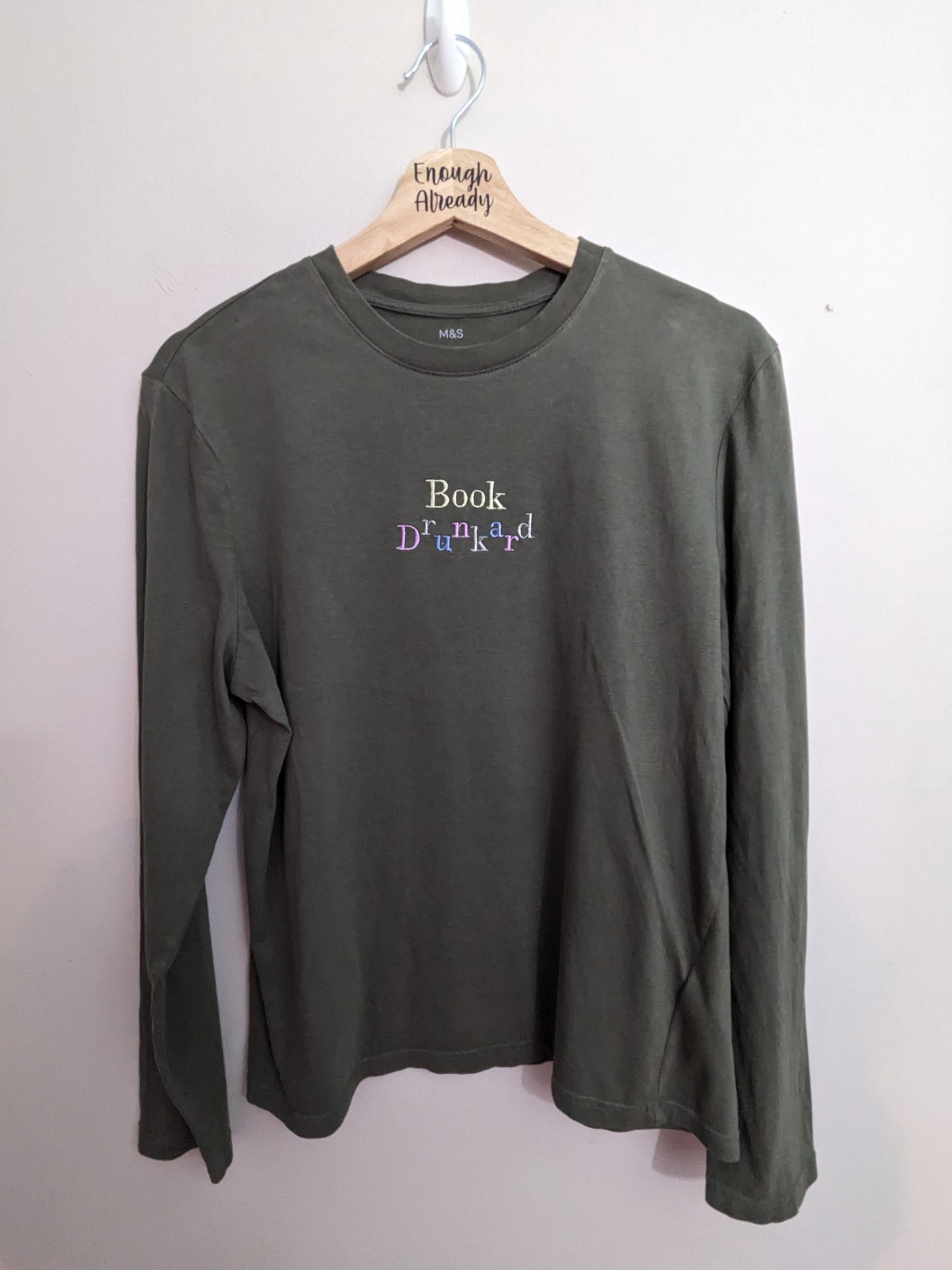 Size Small - upcycled Olive Green Long Sleeve Tee With Embroidered Book Drunkard Pastel Rainbow Design