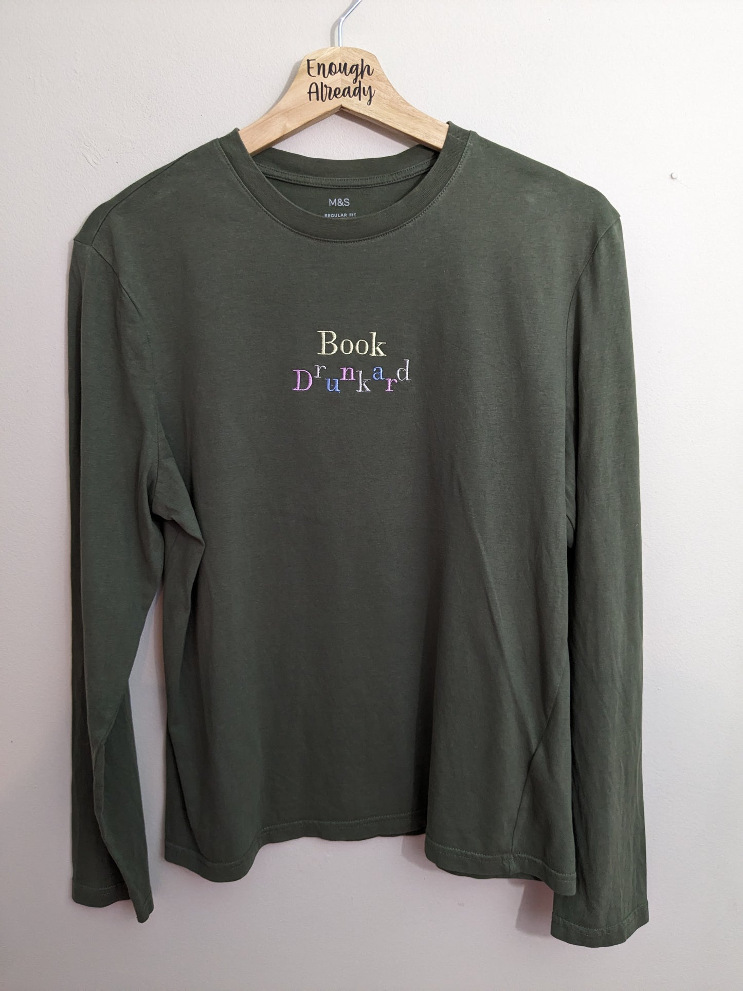 Size Small - upcycled Olive Green Long Sleeve Tee With Embroidered Book Drunkard Pastel Rainbow Design