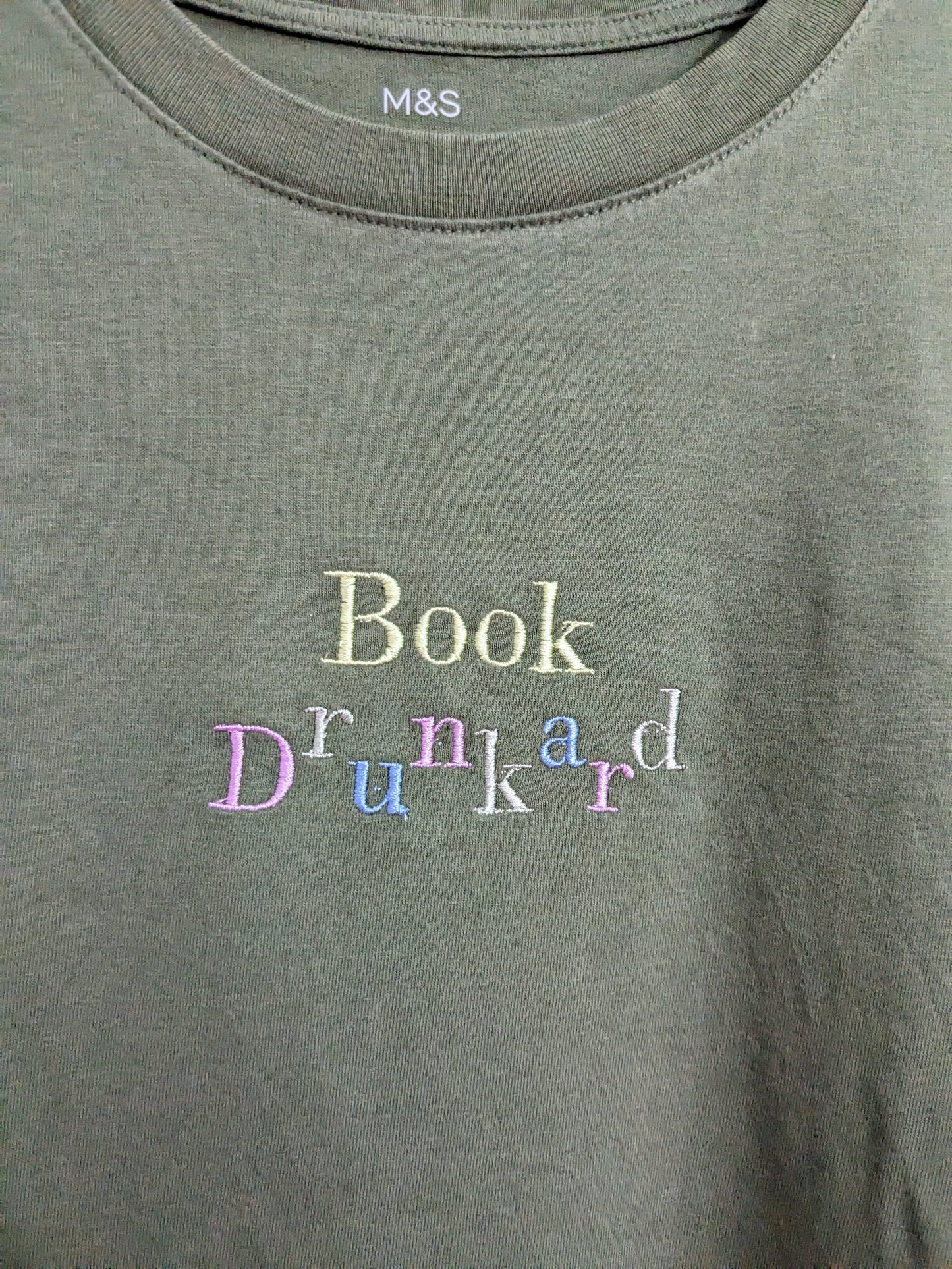 Size Small - upcycled Olive Green Long Sleeve Tee With Embroidered Book Drunkard Pastel Rainbow Design