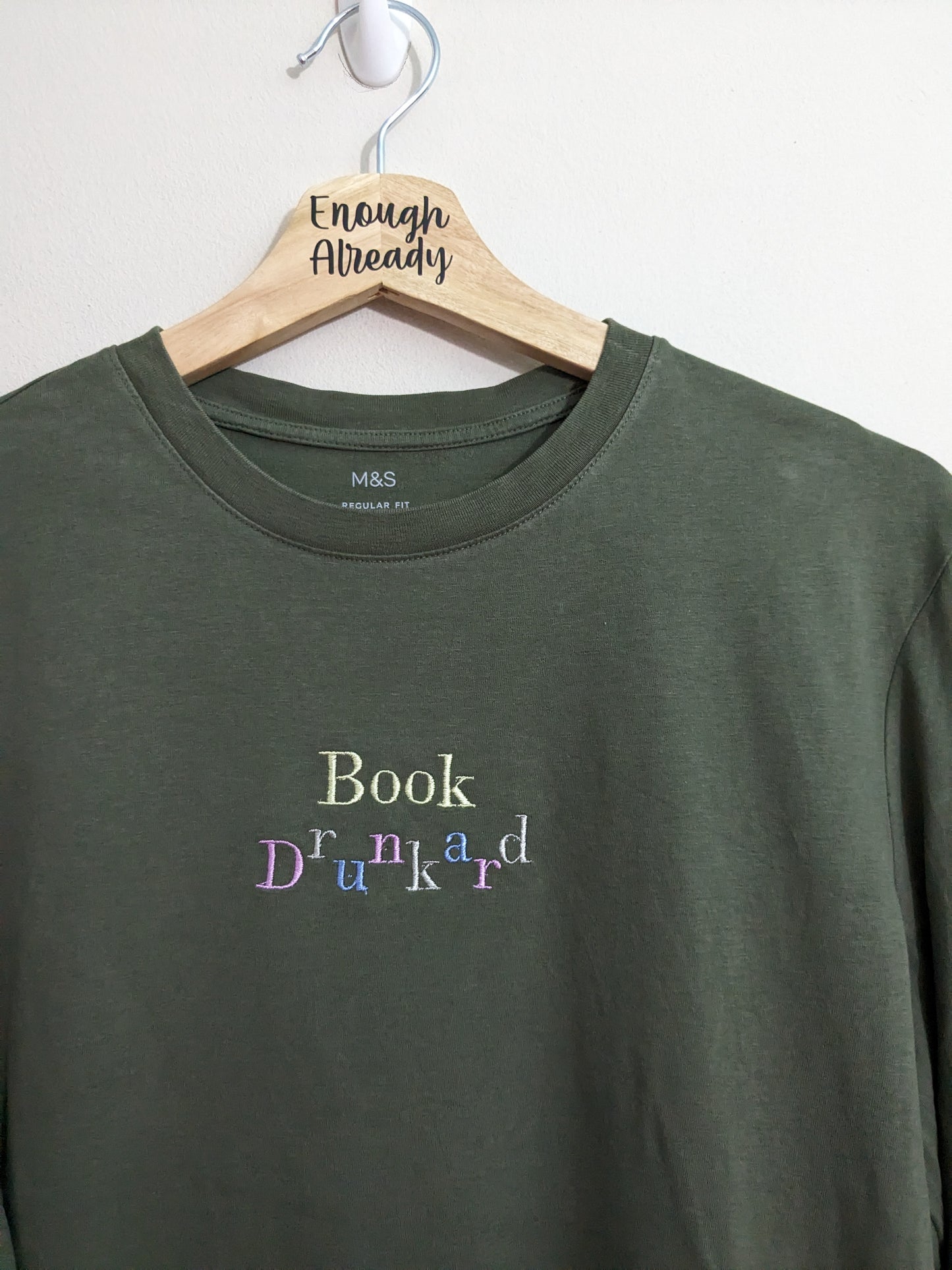 Size Small - upcycled Olive Green Long Sleeve Tee With Embroidered Book Drunkard Pastel Rainbow Design