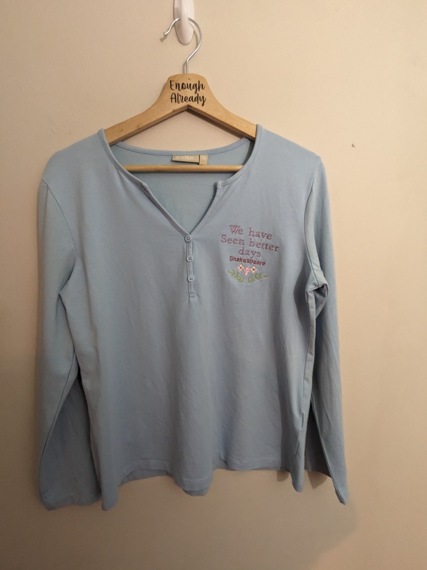 Size M Light Blue William Shakespeare Light Long Sleeve Top - Upcycled and Embroidered