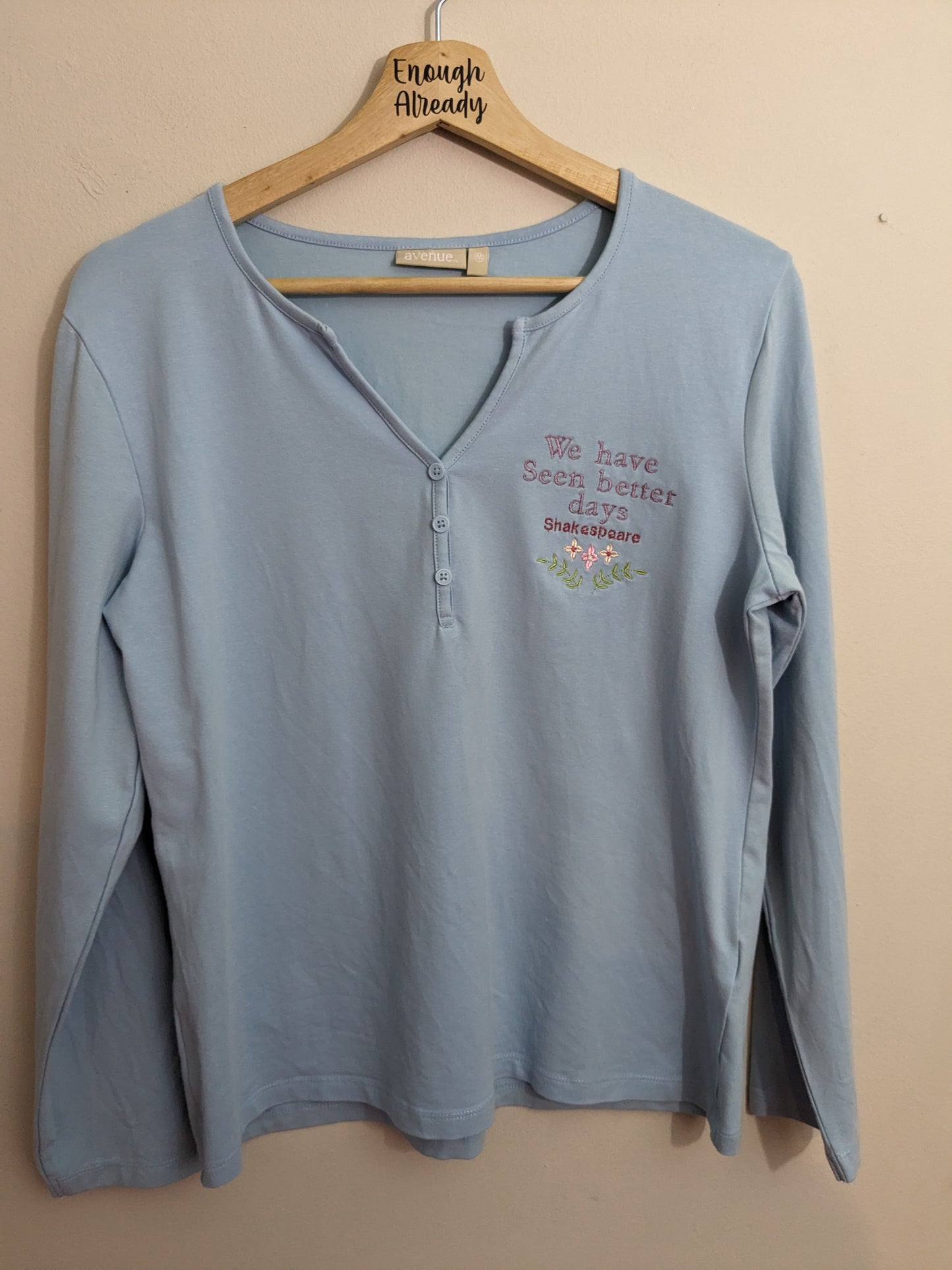 Size M Light Blue William Shakespeare Light Long Sleeve Top - Upcycled and Embroidered