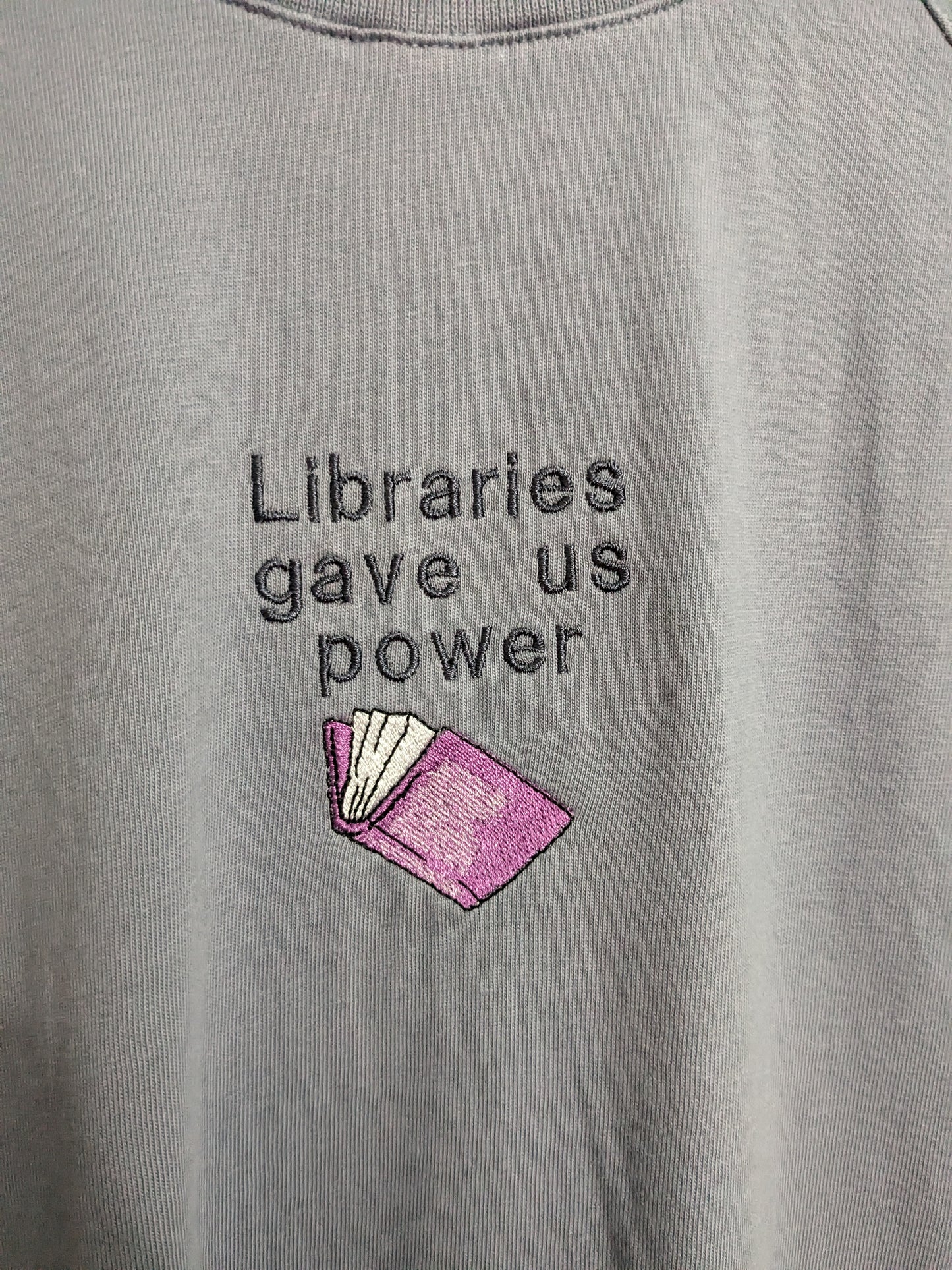 Size 6 (Very Oversized) Heather Long-sleeve T-Shirt - Libraries Gave Us Power Embroidered Design